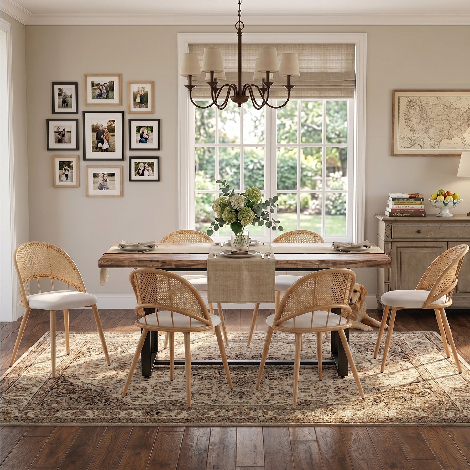 TYBOATLE Farmhouse Dining Table Set for 4, 5 Piece Kitchen Table Set, Wooden Dining Table with 4 Boho Rattan Chairs, MDF Wood Top, Durable Frame, Easy-Clean Surface (Brown-6 Chairs, Metal Leg)