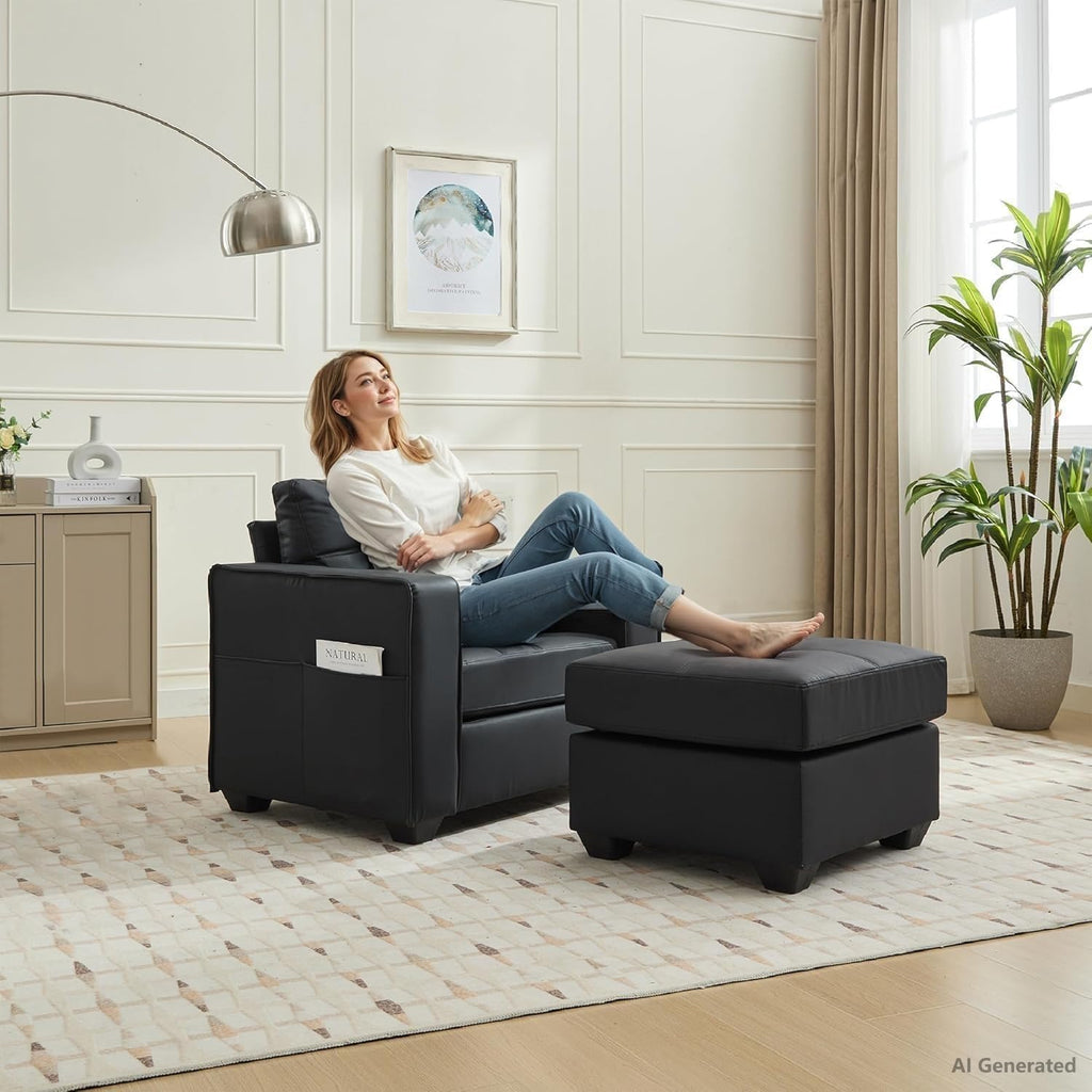 TYBOATLE Oversized Accent Chair with Ottoman, Chaise Lounge for Living Room | Leather Chaise Lounge Chair, Wide Armchair with Side Pockets and Mid-Century Modern Design, Bedroom Office, Black