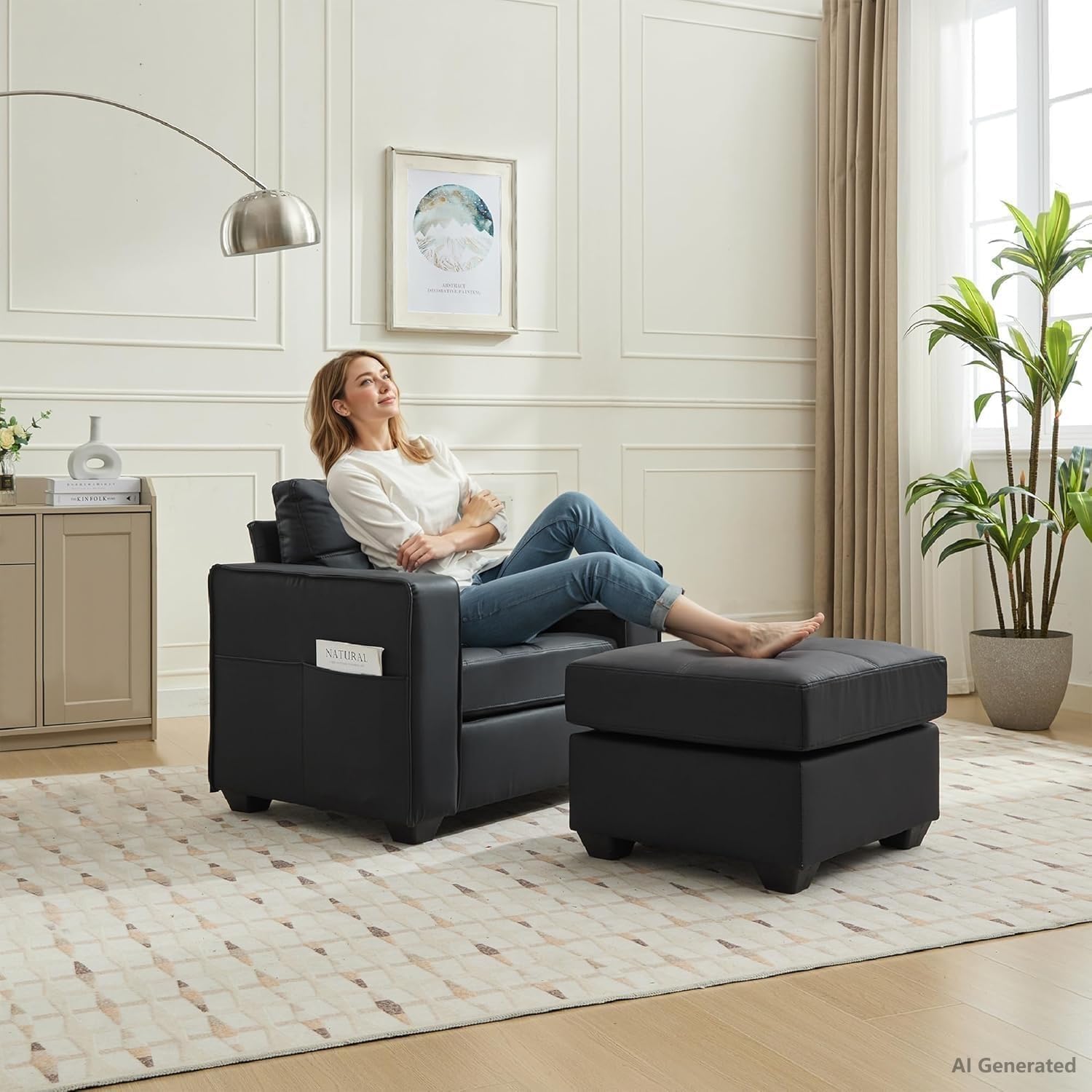 TYBOATLE Oversized Accent Chair with Ottoman, Chaise Lounge for Living Room | Leather Chaise Lounge Chair, Wide Armchair with Side Pockets and Mid-Century Modern Design, Bedroom Office, Black
