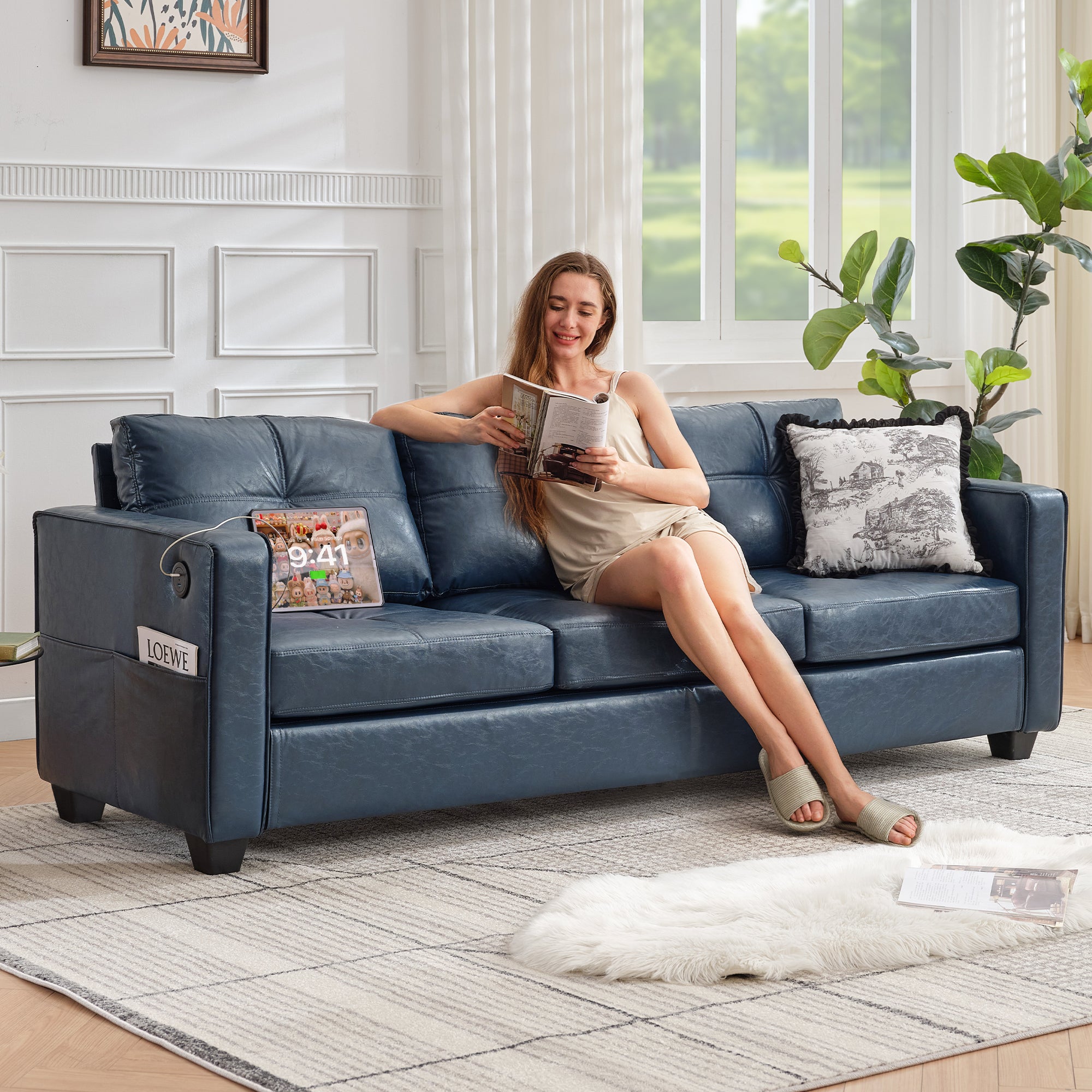 TYBOATLE 88" W Faux Leather Couch w/Side Pockets, Mid-Century Modern Tufted Comfy Leather Couches w/USB and Wider Arms, 3 Seater Sofa for Office, Apartment, Bedroom, Blue (Blue, 3 Seater)