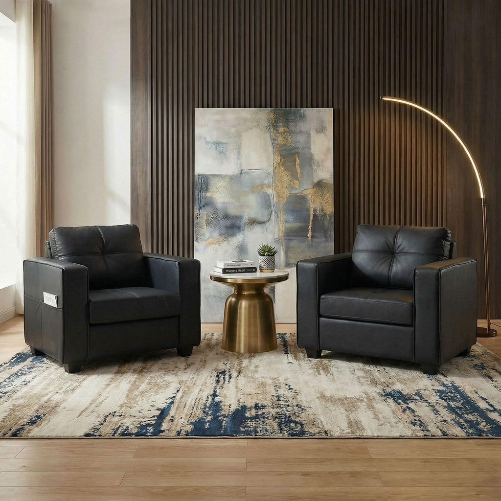 TYBOATLE Accent Chairs Set of 2, Comfy Black Faux Leather Living Room Chair Reading Oversized Accent Chairs Tufted Mid Century Modern Arm Chair, 38.58" Wide Armchair for Office Bedroom Lobby