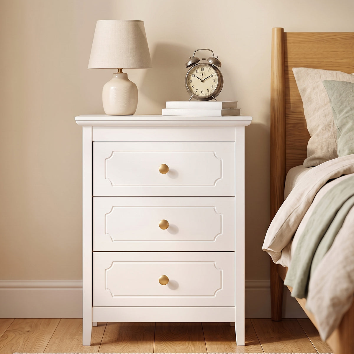 YIGOBUY 3 Drawer Nightstand, Modern Storage Night Stand White Narrow Bedside Table with Gold Knobs,Wood End Table