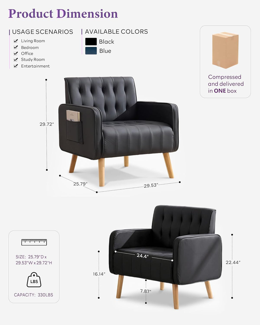 TYBOATLE Leather Accent Chair, Mid-Century Modern Living Room Chair with Pocket and Wooden Legs, Tufted Cozy Office Reading Chair, Armchair for Living Room, Waiting Room, Bedroom (Black, 1)