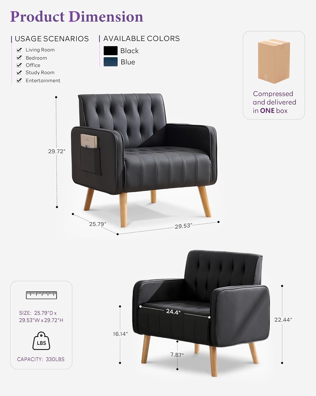 TYBOATLE Leather Accent Chair, Mid-Century Modern Living Room Chair with Pocket and Wooden Legs, Tufted Cozy Office Reading Chair, Armchair for Living Room, Waiting Room, Bedroom (Black, 1)