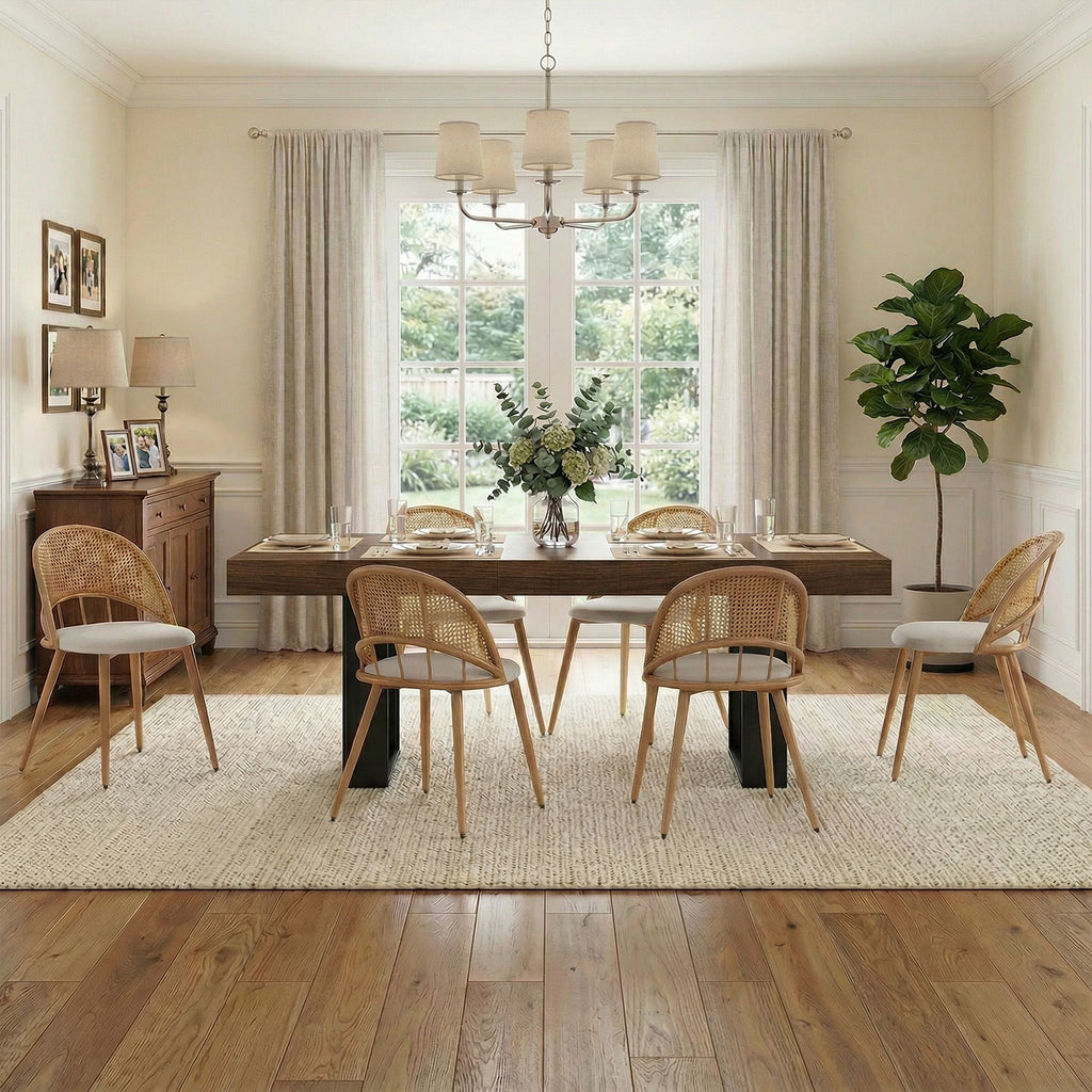 TYBOATLE 71''-87'' Extendable Dining Table Set for 6, Farmhouse Wooden Dining Room Table Set, 7 Piece Dinner Table Set with Upholstered Rattan Dining Chairs (Brown & White, 71''-87''- 6 Chairs)