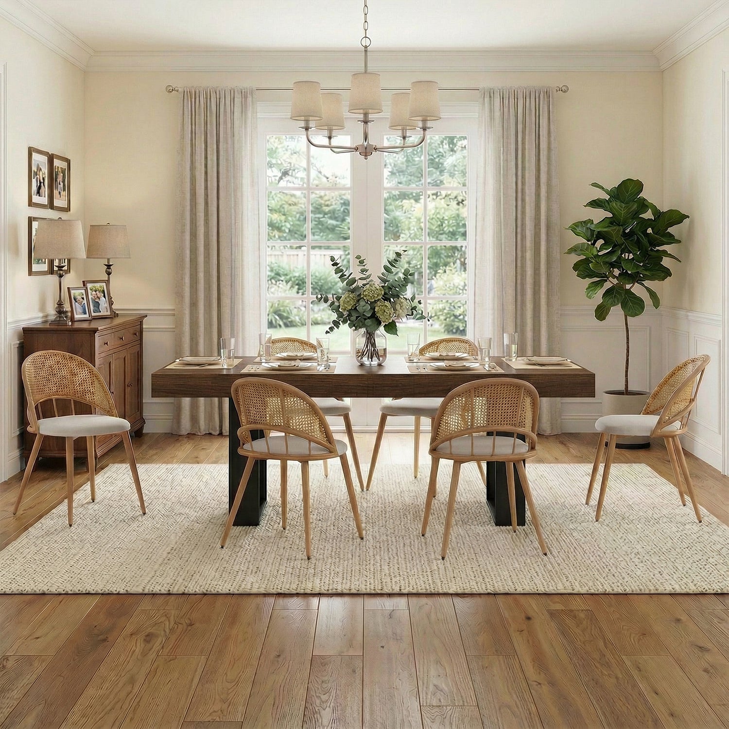 TYBOATLE 71''-87'' Extendable Dining Table Set for 6, Farmhouse Wooden Dining Room Table Set, 7 Piece Dinner Table Set with Upholstered Rattan Dining Chairs (Brown & White, 71''-87''- 6 Chairs)