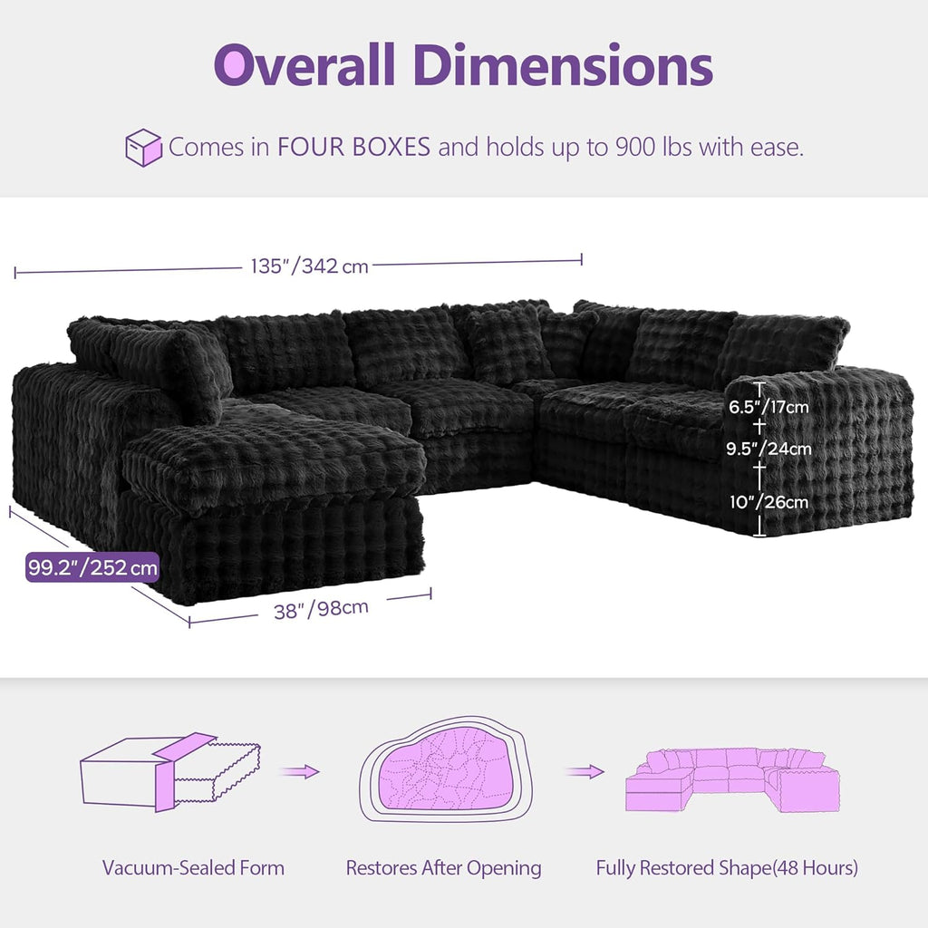 TYBOATLE 135’’ Boneless Slow-Rebound Memory Foam Couch, Cloud Sectional Couches for Living Room w/Upgraded Fabric, Deep Seat Comfy Fluffy U Shaped Modular Sectional Sofa w/Chaise