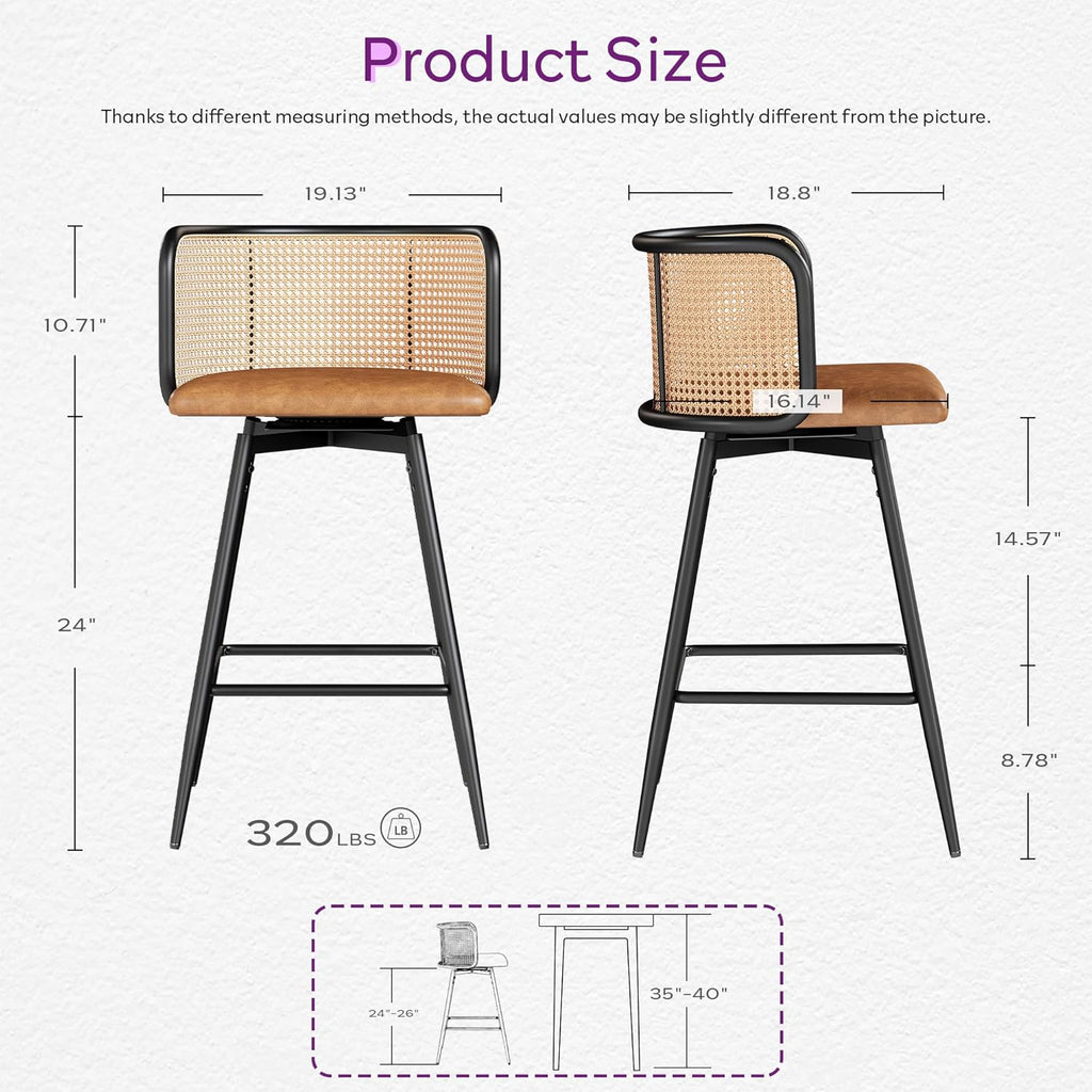 TYBOATLE Swivel Rattan Bar Stools Set of 4, 26” Counter Height Stools with Natural Rattan Woven Back and Faux Leather Seat, Mid-Century Modern Island Chairs Barstools for Kitchen, Brown