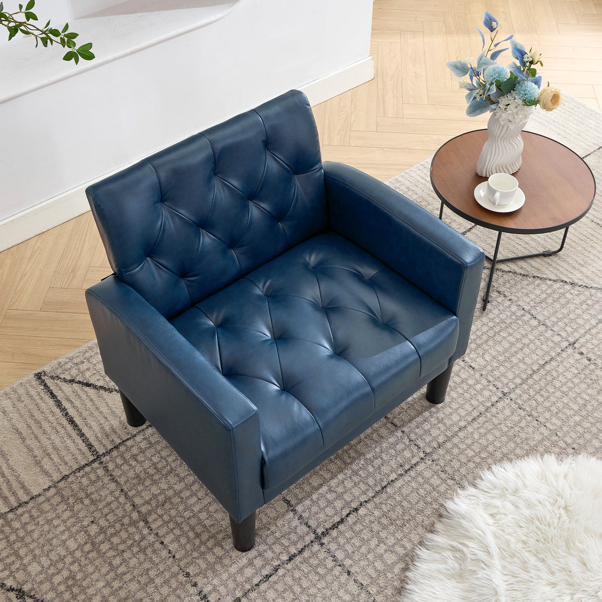 TYBOATLE Leather Accent Chair, Tufted Armchair for Living Room, Blue