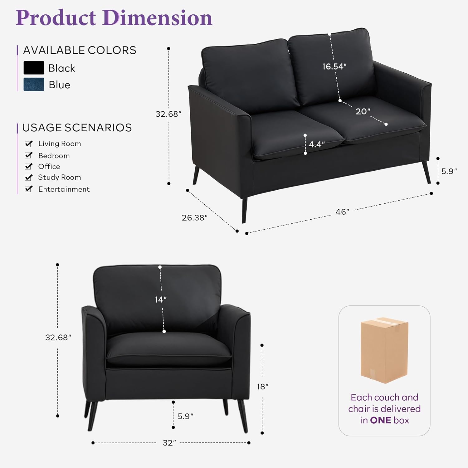 TYBOATLE Faux Leather Loveseat and Accent Chair, Comfy Love Seat Sofa and Chair Set with 2 Pillows, Mid-Century Modern 2 Seat Couches for Small Spaces, 2 Pieces Living Room Furniture Sets (2, Black)