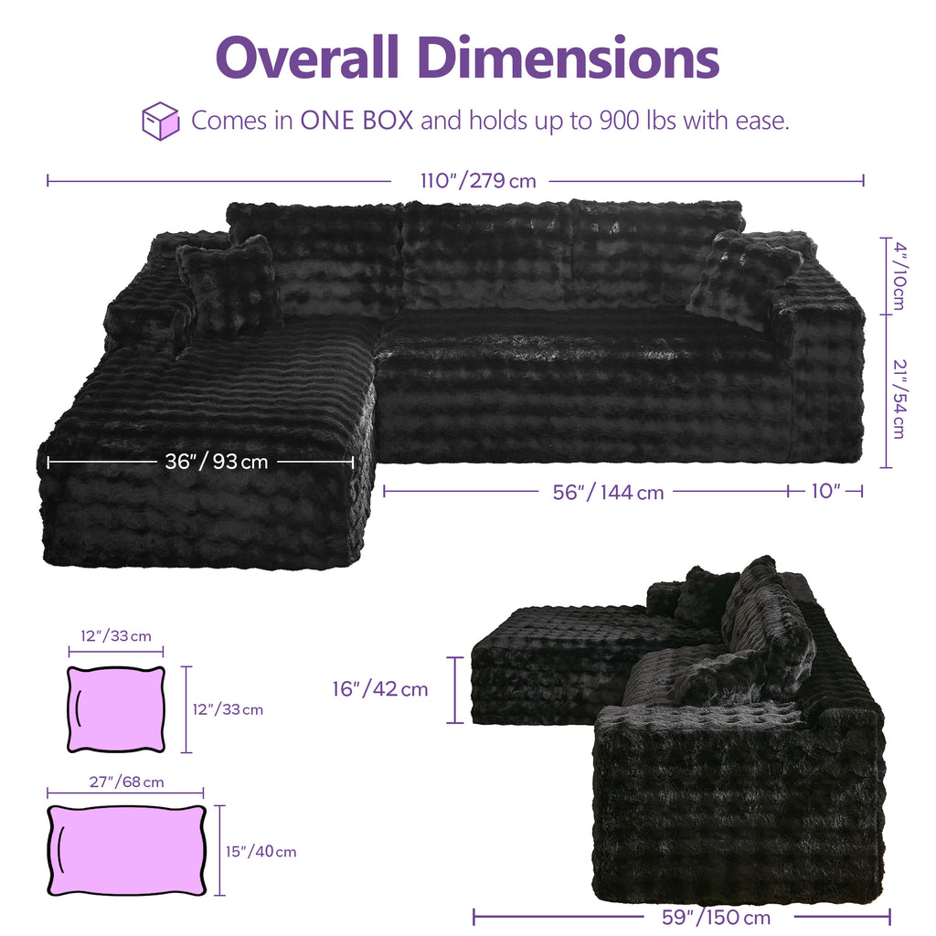 TYBOATLE 110’’ Boneless Slow-Rebound Memory Foam Couch, Cloud Sectional Couches for Living Room w/Upgraded Fabric, Deep Seat Comfy Fluffy L Shaped Modular Sectional Sofa (Black, Left Facing Chaise)