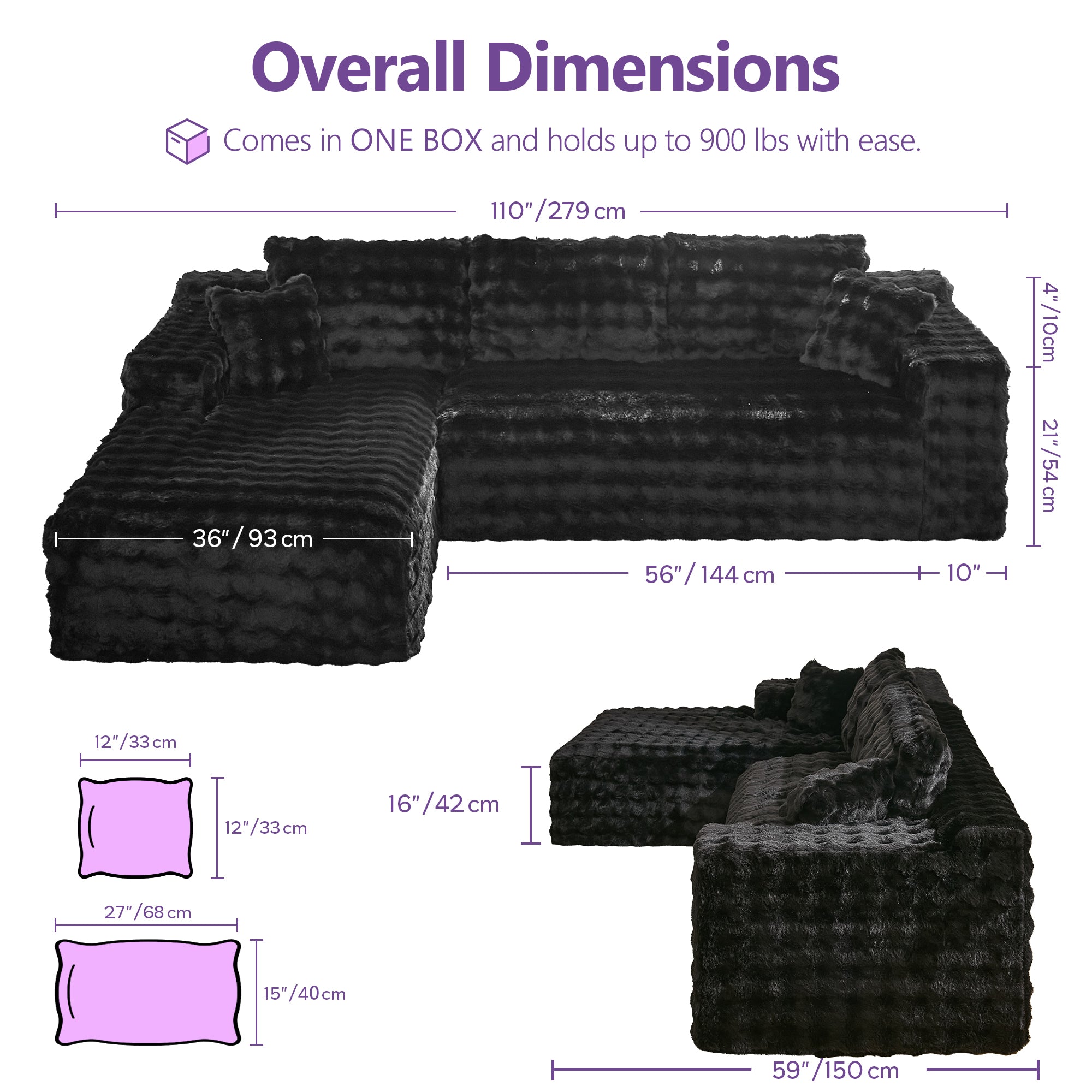 TYBOATLE 110’’ Boneless Slow-Rebound Memory Foam Couch, Cloud Sectional Couches for Living Room w/Upgraded Fabric, Deep Seat Comfy Fluffy L Shaped Modular Sectional Sofa (Black, Left Facing Chaise)