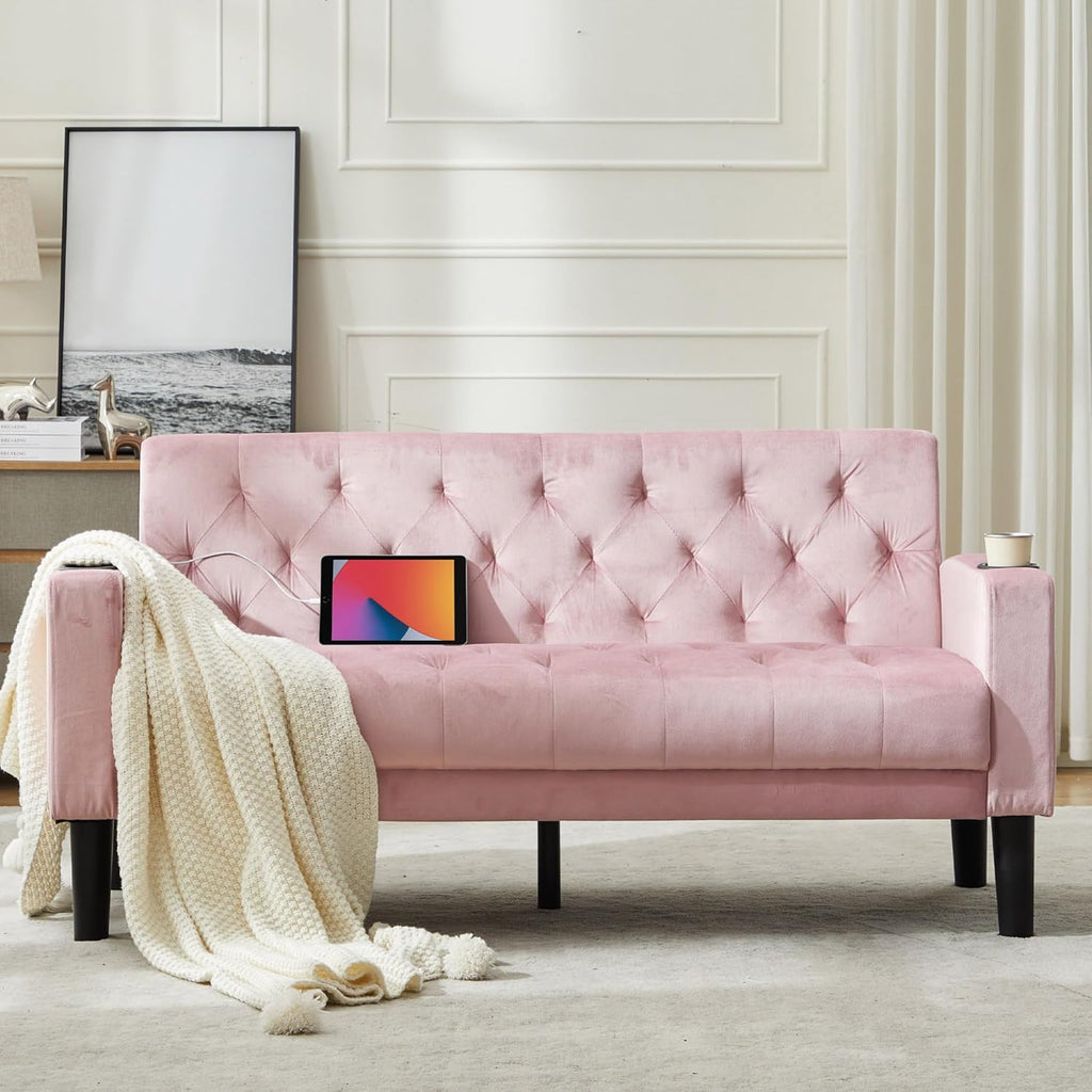 TYBOATLE 62" W Loveseat Sofa w/ 2 USB Charger Ports and 2 Cupholders, Mid-Century Modern Tufted Pink Velvet Small Love Seat Couches for Compact Living Room, Bedroom, Apartment, Dorm