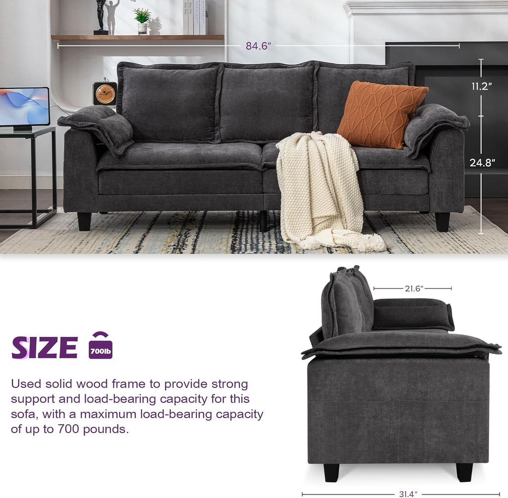 TYBOATLE 85" W Sofa Couches for Living Room, Mid-Century Modern Comfy Loveseat w/2 USB Charger & Wide Arms, 3 Seater Cloud Small Couch Sofas for Small Space Apartment Bedroom Office