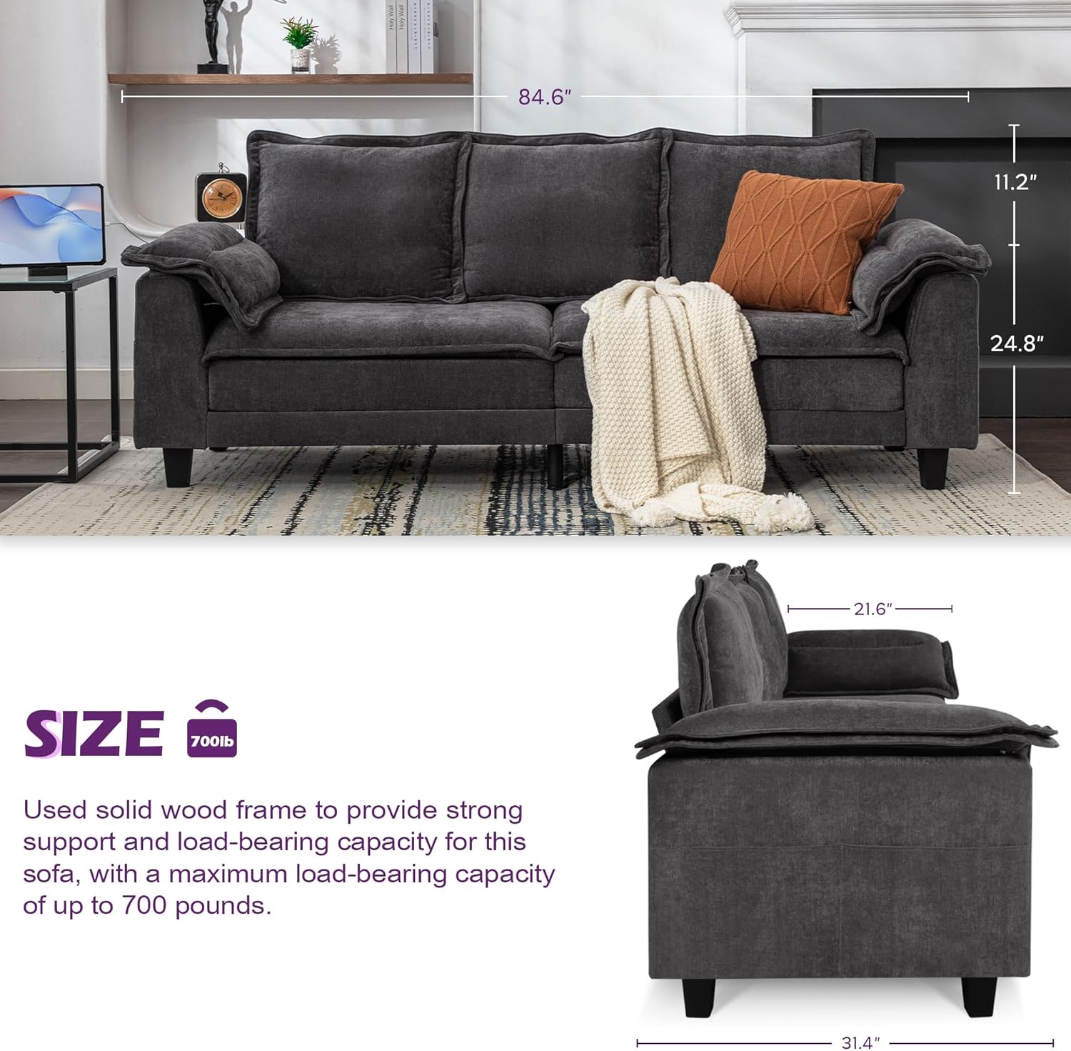 TYBOATLE 85" W Sofa Couches for Living Room, Mid-Century Modern Comfy Loveseat w/2 USB Charger & Wide Arms, 3 Seater Cloud Small Couch Sofas for Small Space Apartment Bedroom Office