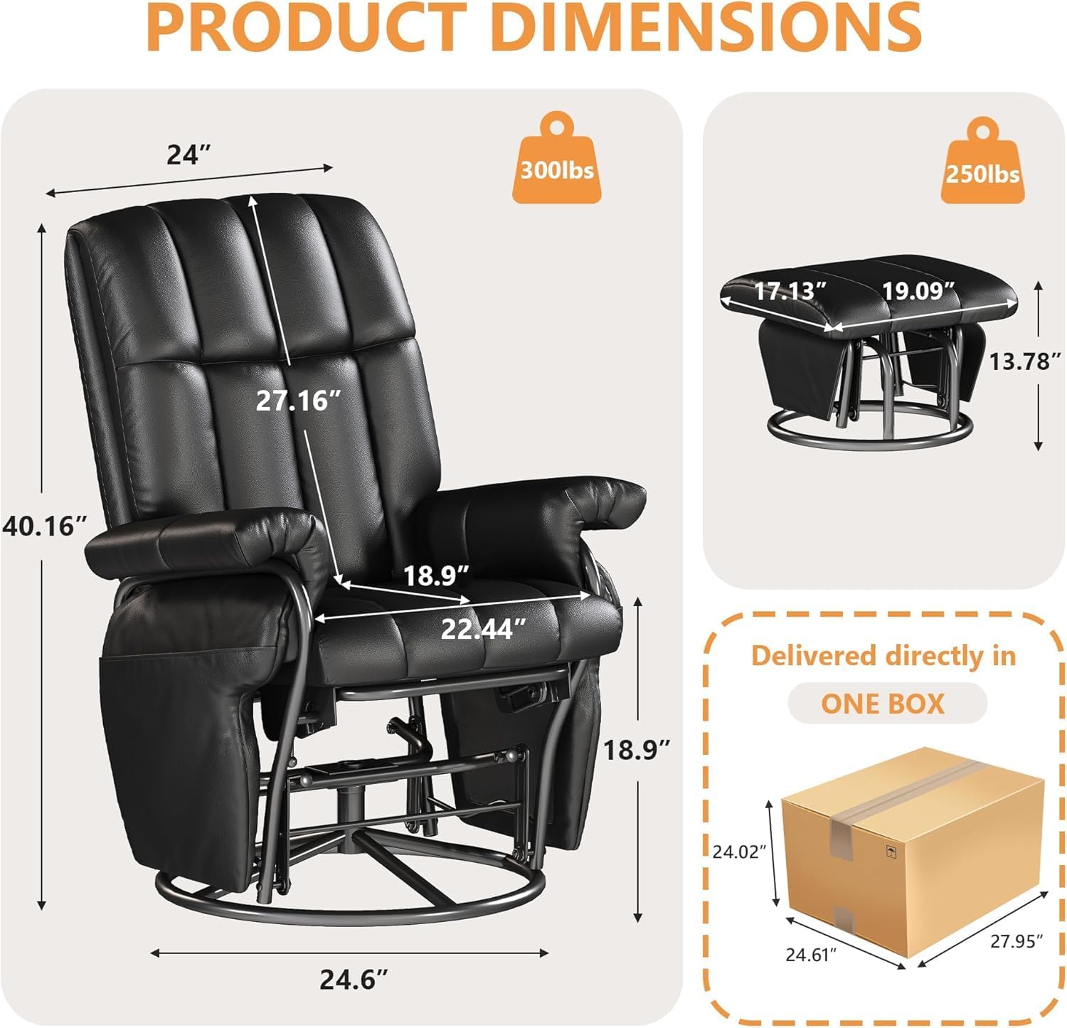JIASTING 360° Swivel Recliner Chair, Nursing Glider Rocking Recliner Chair with Ottoman & Side Pockets, Gliding Chair for Nursery, Office, Living Room, Bedroom, Metal Frame