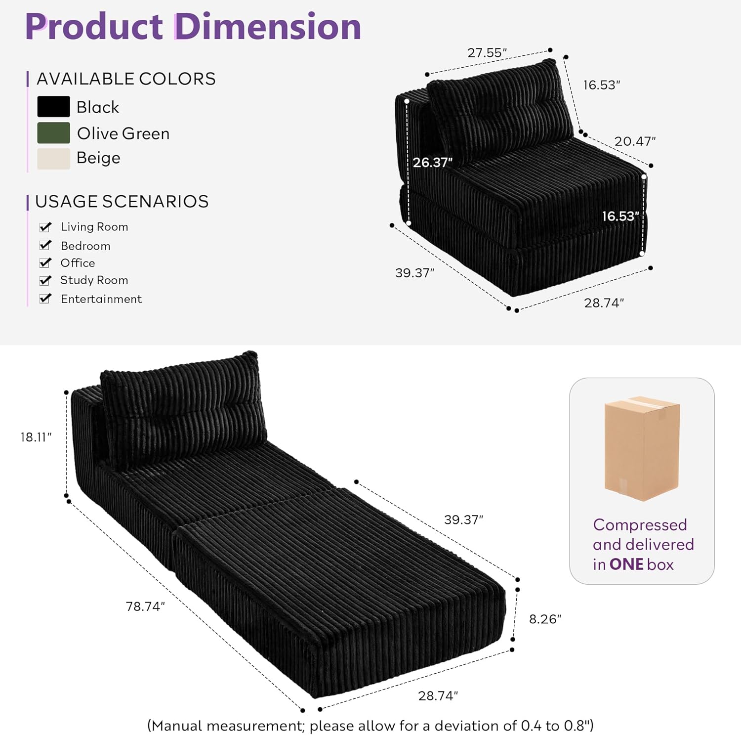 TYBOATLE Folding Sofa Bed, Convertible Sleeper Chair with Back Support and Pillow, Fold Out Floor Chair Bed, Comfy Foldable Mattress Futon Couch for Living Room, Bedroom (Black, Single Seat)