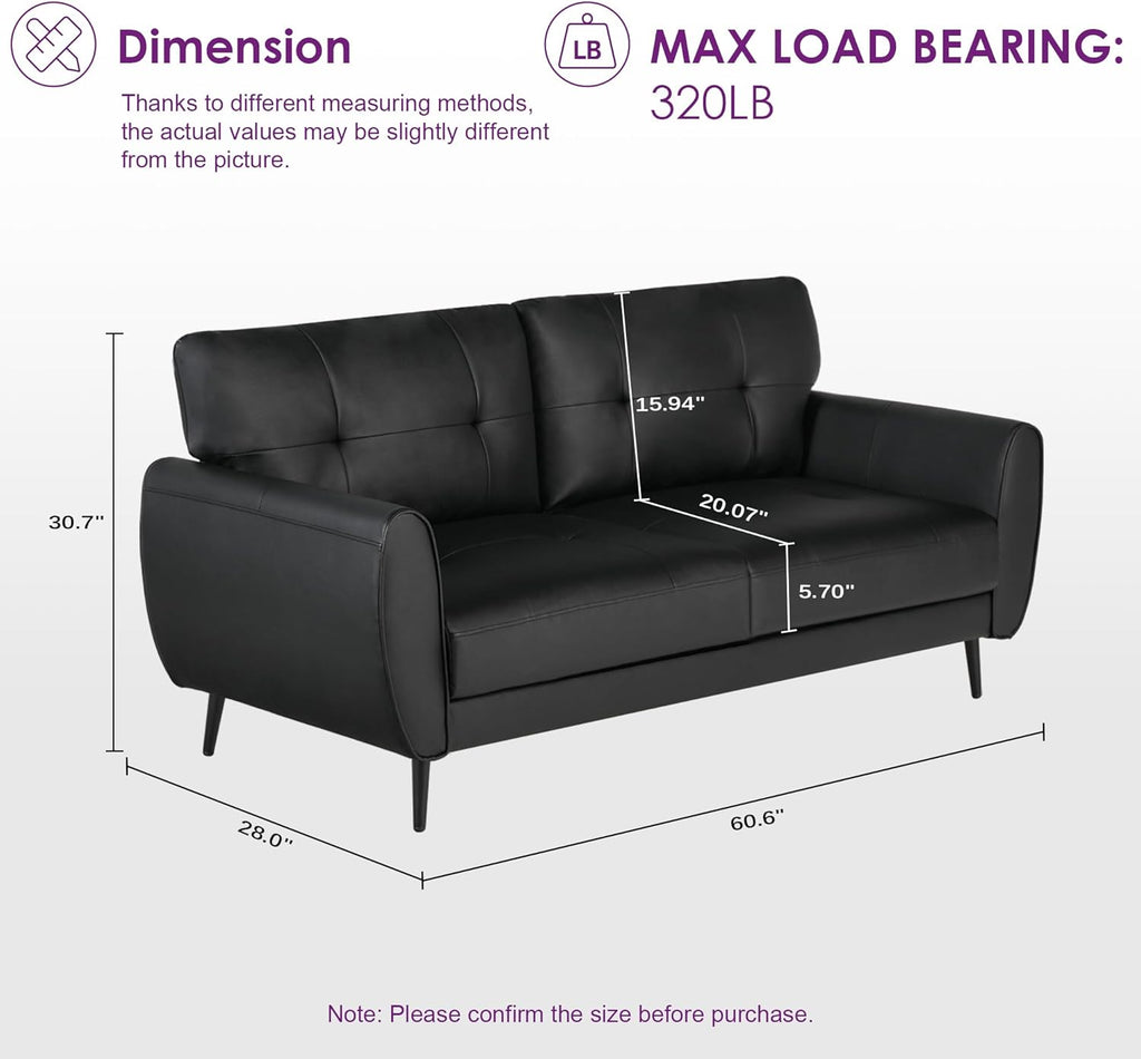 TYBOATLE Sofa Couch 61" Small Loveseat Couches for Living Room Leather Couch Mid Century Modern Tufted Mini Sofa Comfy Office 2 Seat Settee Love Seat for Small Spaces Bedroom (2, Black)
