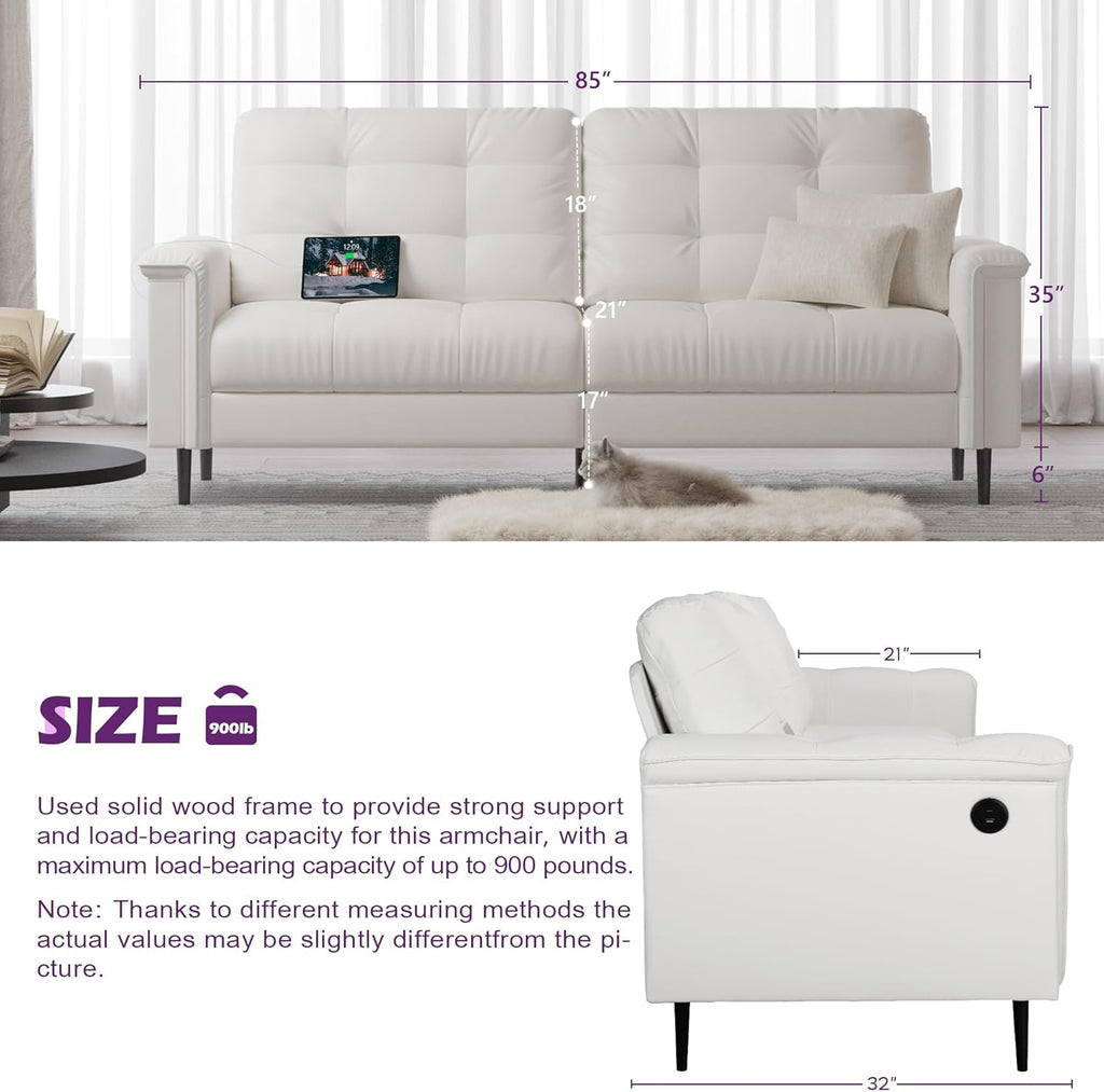 TYBOATLE 85" W White Faux Leather Sofa Couches for Living Room, Mid-Century Modern Tufted Comfy Small Loveseat w/USB and Wide Arms, 2/3 Seater Office Couch for Small Space Apartment Bedroom Furniture