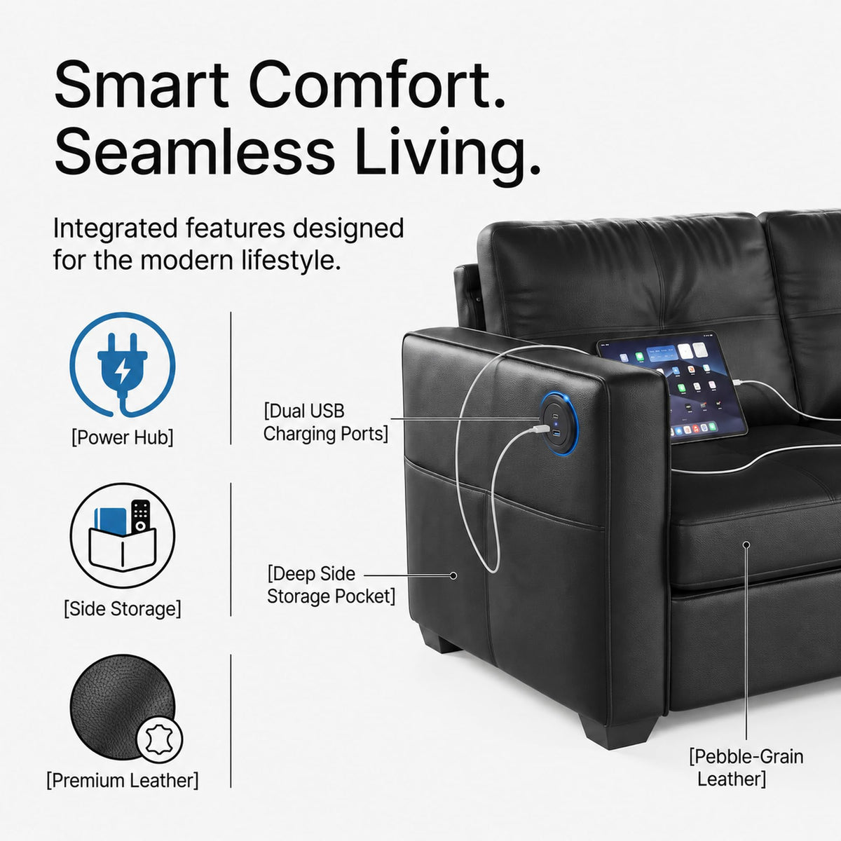 CHYMSUN 2-Seater Leather Small Couch, 65'' Faux Leather Loveseat w/USB Charging
