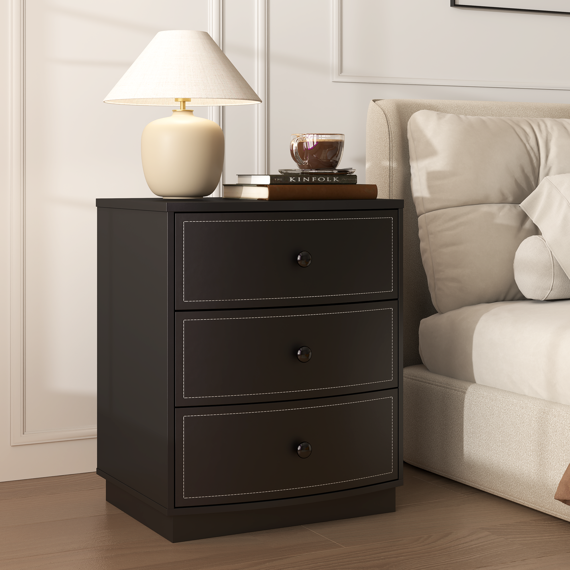 TYBOATLE Black Nightstand, Modern Curved 3 Drawers Bedside Table with Sturdy Base, Wooden Night Stand with Leather Storage Drawer for Bedroom (1)