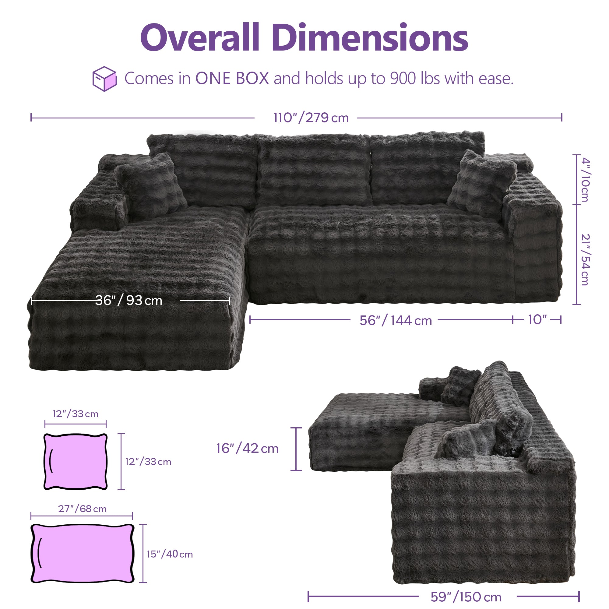 TYBOATLE 110’’ Boneless Slow-Rebound Memory Foam Couch, Cloud Sectional Couches for Living Room w/Upgraded Fabric, Deep Seat Comfy Fluffy L Shaped Modular Sectional Sofa (Grey, Left Facing Chaise)