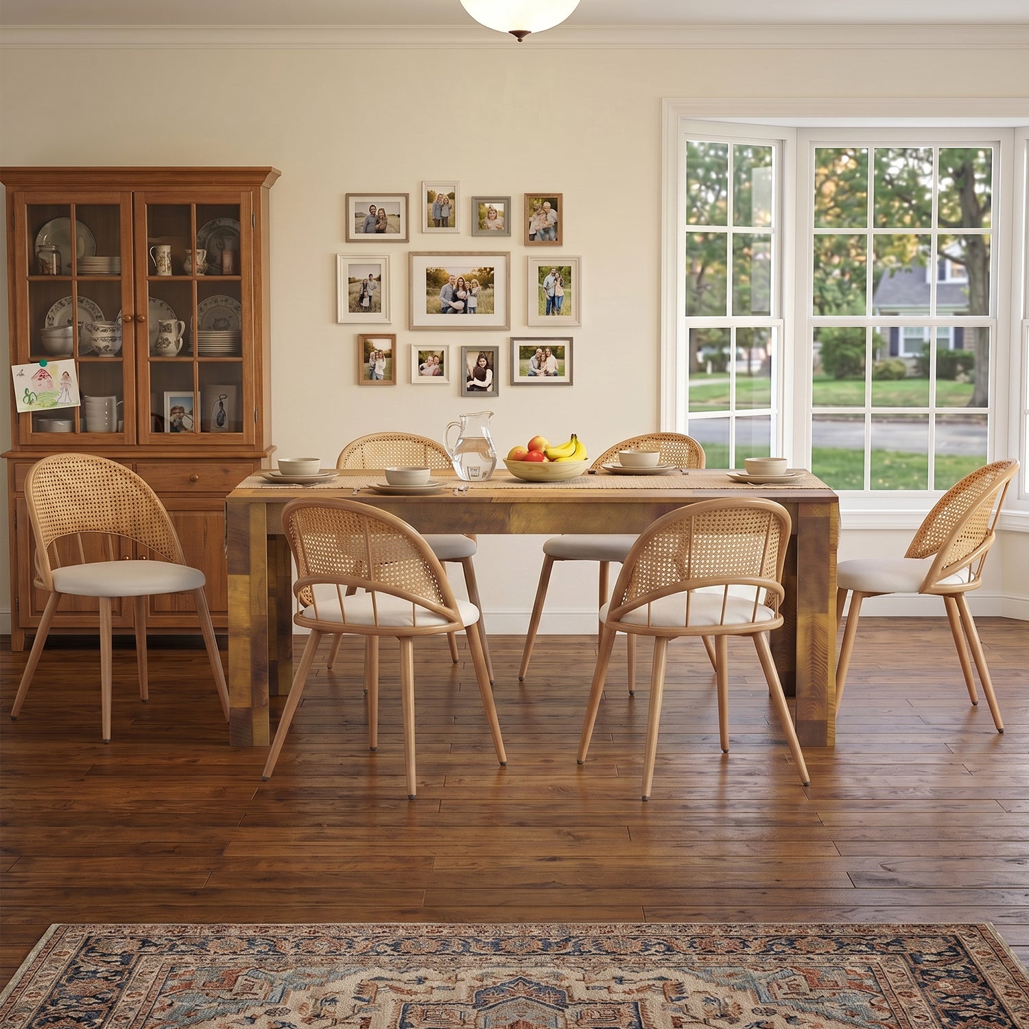 TYBOATLE Farmhouse Dining Table Set for 4, 5 Piece Kitchen Table Set, Wooden Dining Table with 4 Boho Rattan Chairs, MDF Wood Top, Durable Frame, Easy-Clean Surface (Brown-6 Chairs, Wood Leg)