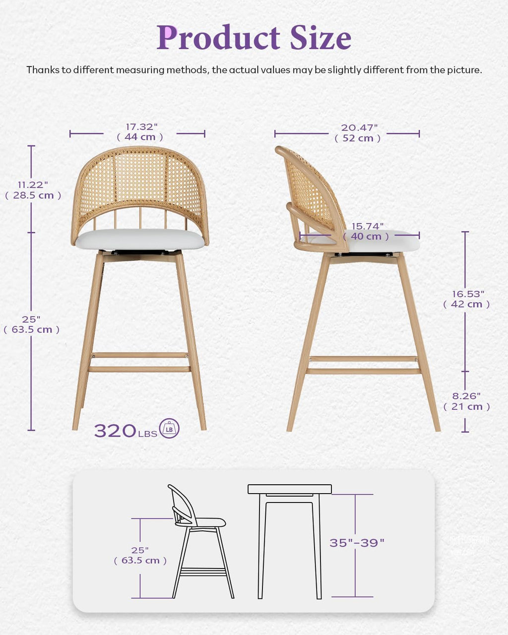 TYBOATLE 26'' Bar Stools Set of 2, Rattan Counter Height Swivel Stools for Kitchen