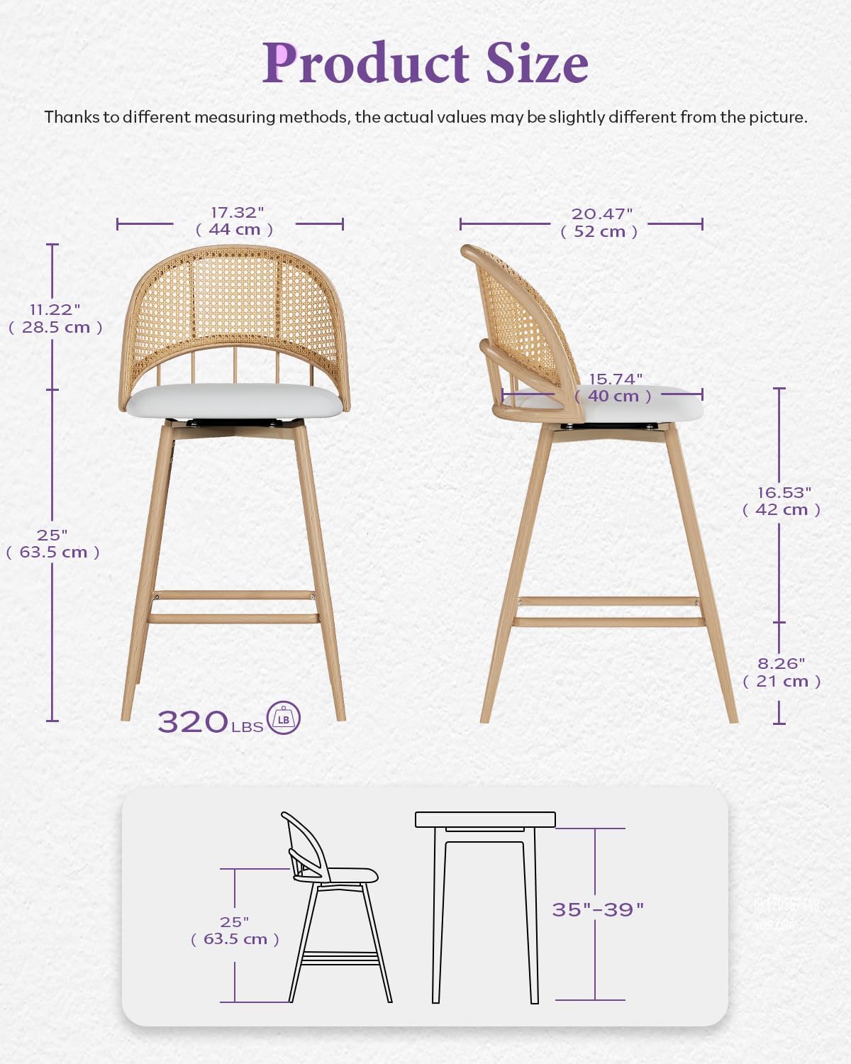 TYBOATLE 26'' Bar Stools Set of 2, Rattan Counter Height Swivel Stools for Kitchen