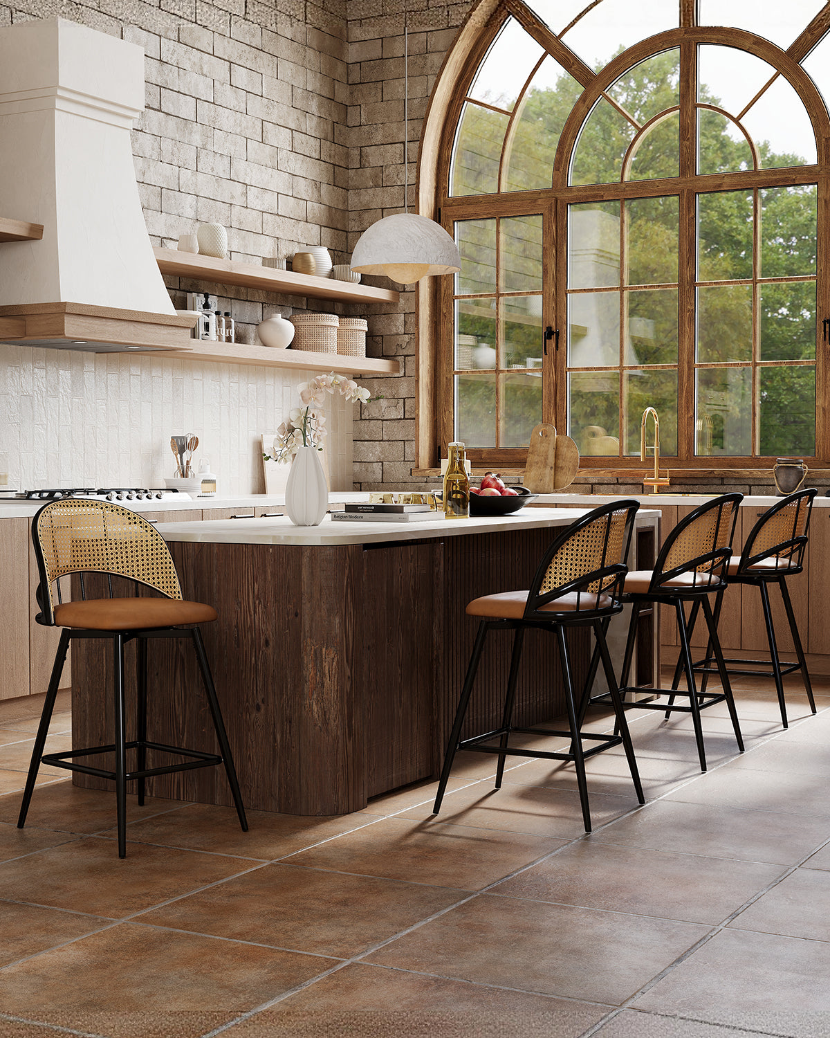 29'' BarStools Set of 4 w/Rattan Backrest, Swivel Counter Height Bar Stools