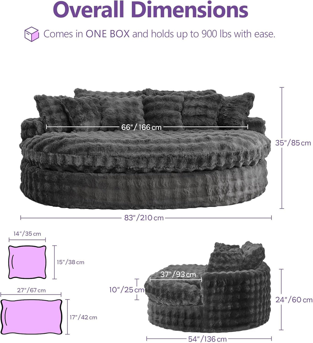 TYBOATLE 83’’ Oversized Round Boneless Couch w/Deep Seat, Round Memory Foam Couch, Comfy Fluffy Plush Bubble Sofa w/Double Cushion, Circle Bed for Livingroom, Bedroom (Grey)