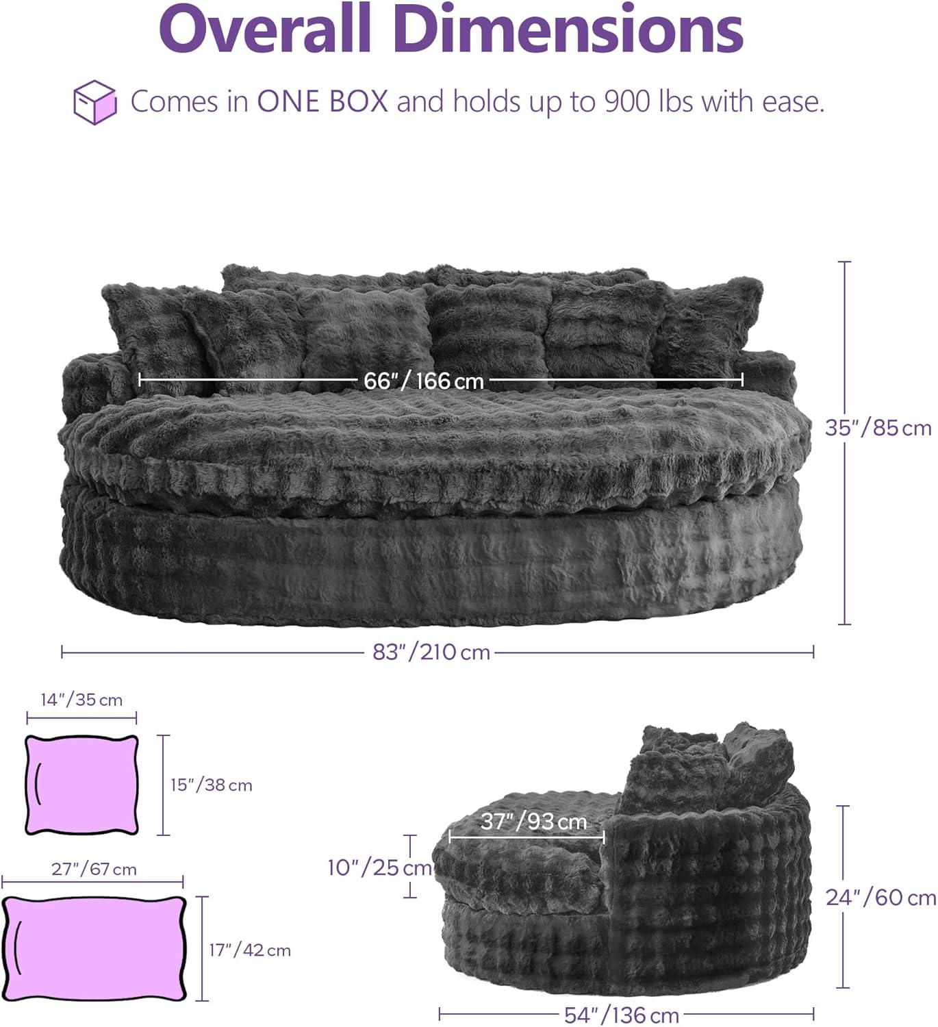 TYBOATLE 83’’ Oversized Round Boneless Couch w/Deep Seat, Round Memory Foam Couch, Comfy Fluffy Plush Bubble Sofa w/Double Cushion, Circle Bed for Livingroom, Bedroom (Grey)