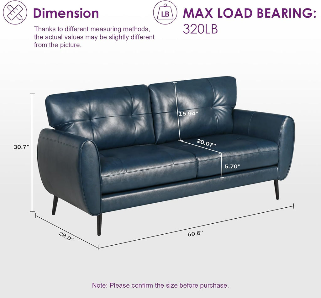 TYBOATLE Sofa Couch 61" Small Loveseat Couches for Living Room Leather Couch Mid Century Modern Tufted Mini Sofa Comfy Office 2 Seat Settee Love Seat Small Couches for Small Spaces Bedroom (2, Blue)