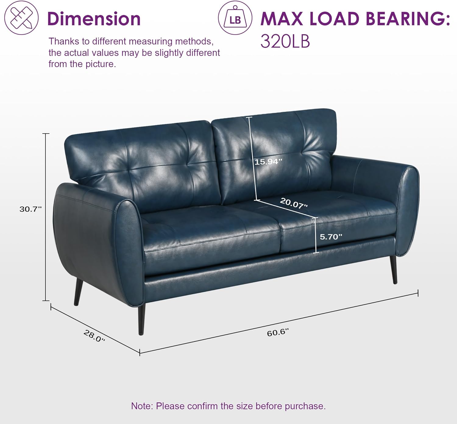TYBOATLE Sofa Couch 61" Small Loveseat Couches for Living Room Leather Couch Mid Century Modern Tufted Mini Sofa Comfy Office 2 Seat Settee Love Seat Small Couches for Small Spaces Bedroom (2, Blue)