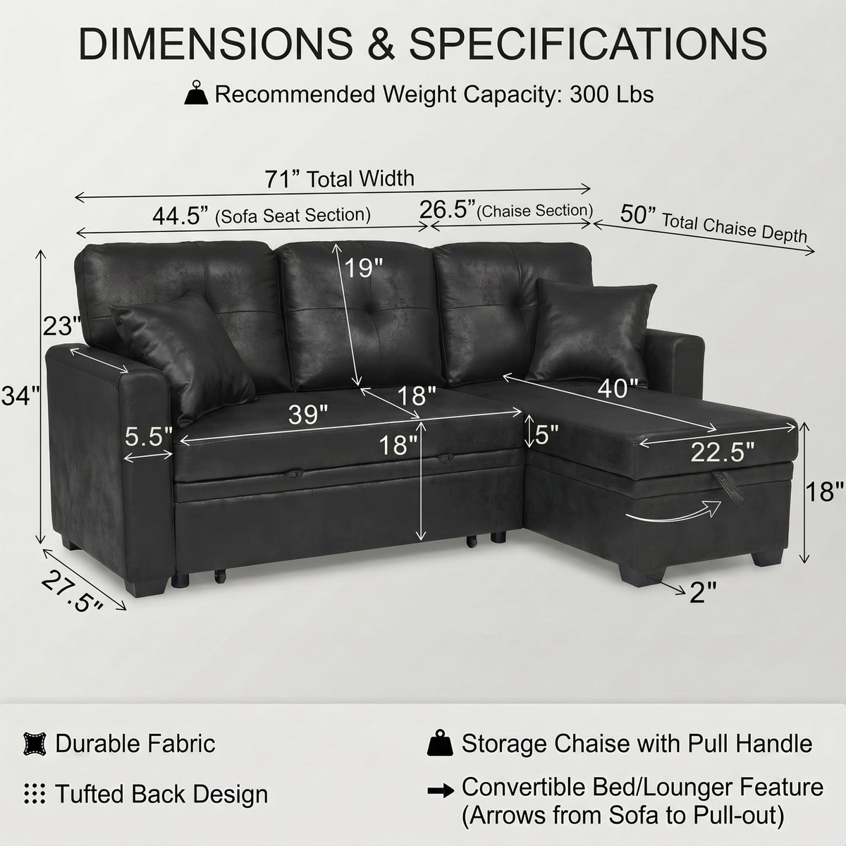 TYBOATLE Convertible Sofa Bed Couch with Reversible Storage Chaise