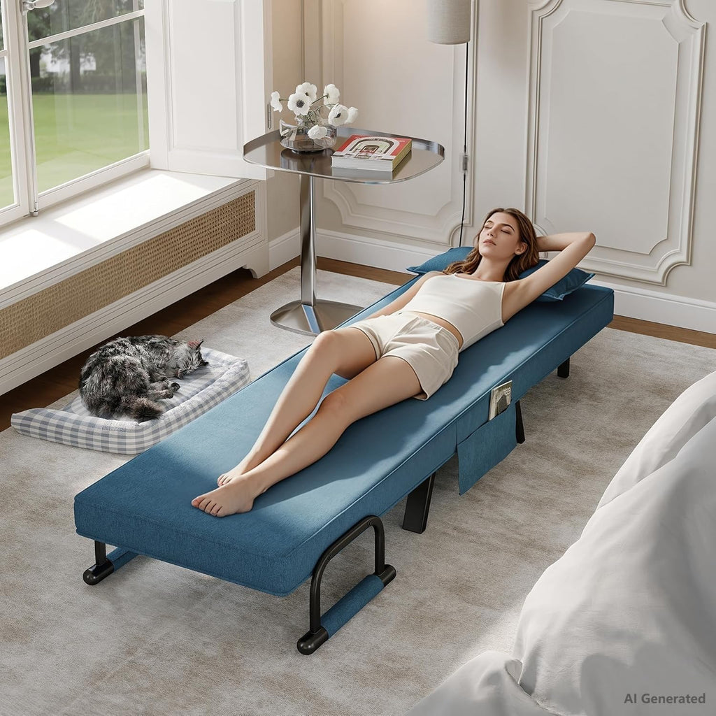 TYBOATLE Sleep Chair Bed, Folding Sleeper Chairs for Adults (Azure Blue) Comfy, Cozy, Convertible, 5 in 1, Adjustable Backrest, Side Pockets, Pillow, Small Spaces, Office, Dorm