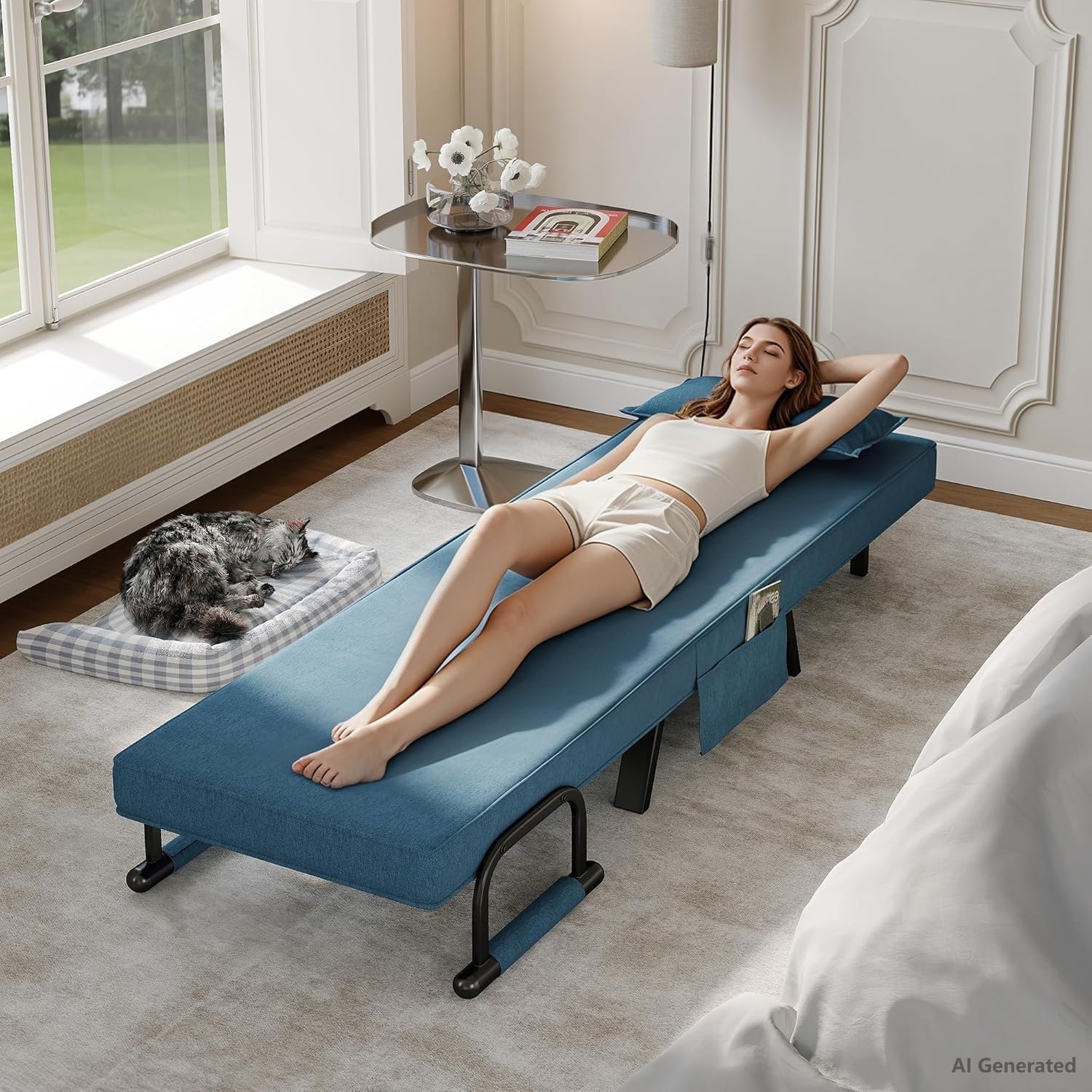TYBOATLE Sleep Chair Bed, Folding Sleeper Chairs for Adults (Azure Blue) Comfy, Cozy, Convertible, 5 in 1, Adjustable Backrest, Side Pockets, Pillow, Small Spaces, Office, Dorm