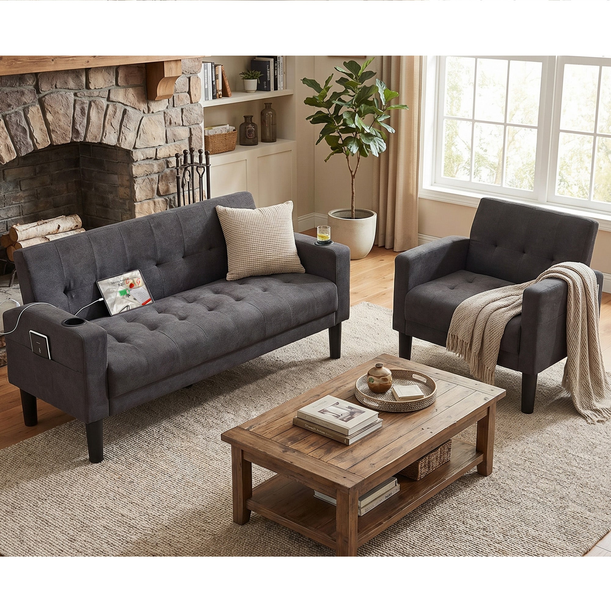 TYBOATLE Dark Grey Couch and Chair Set, 2 Piece Living Room Furniture Set with USB & Type-C Ports, Fabric Loveseat Sofa and Matching Chair with Cup Holders, Modern Couch Set for Small Spaces