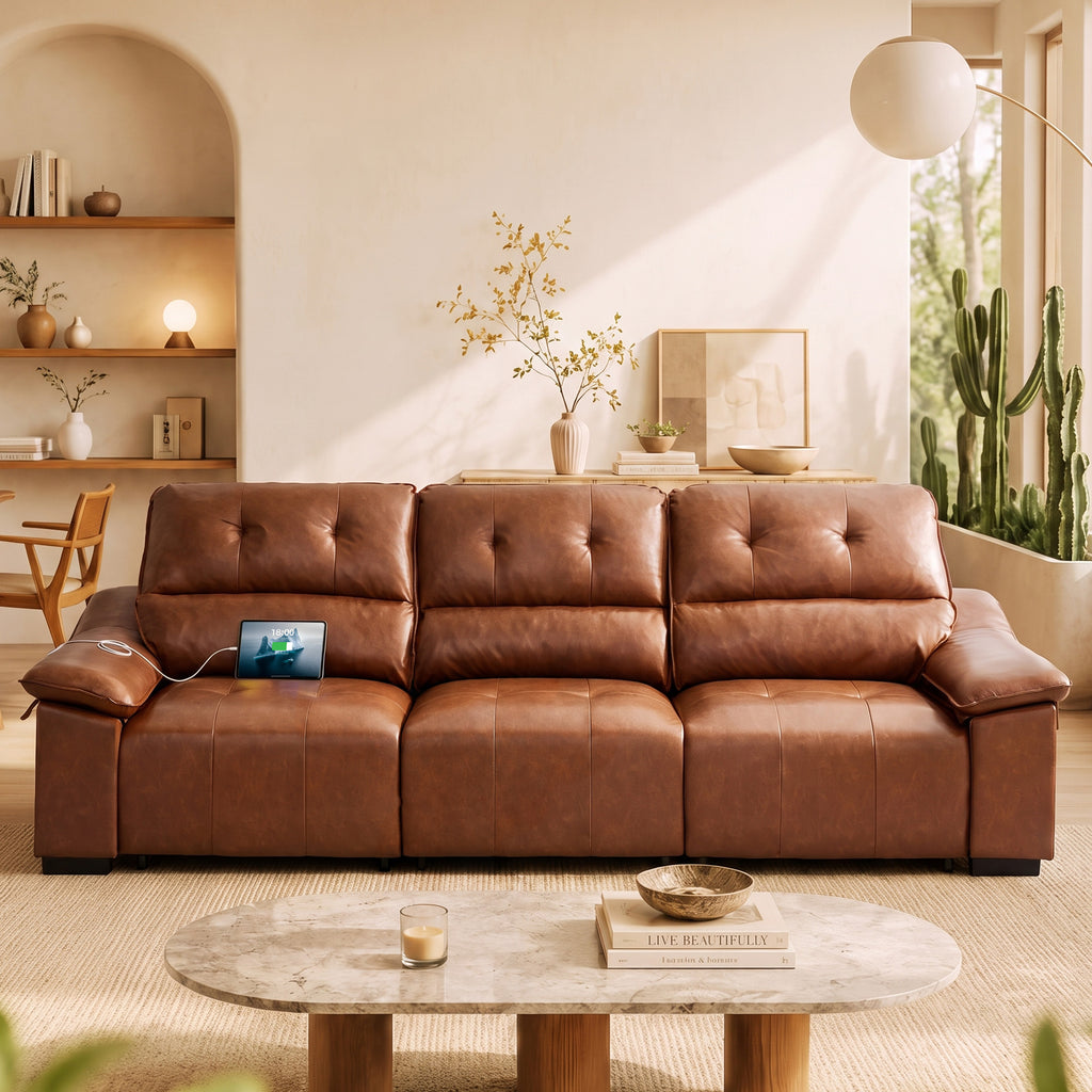Electric Reclining Sectional Couch, Power Recliner Sofa w/USB & Type-C Charging Ports and Cup Holders, Leather Reclining Sofa for Living Room, Home Theater