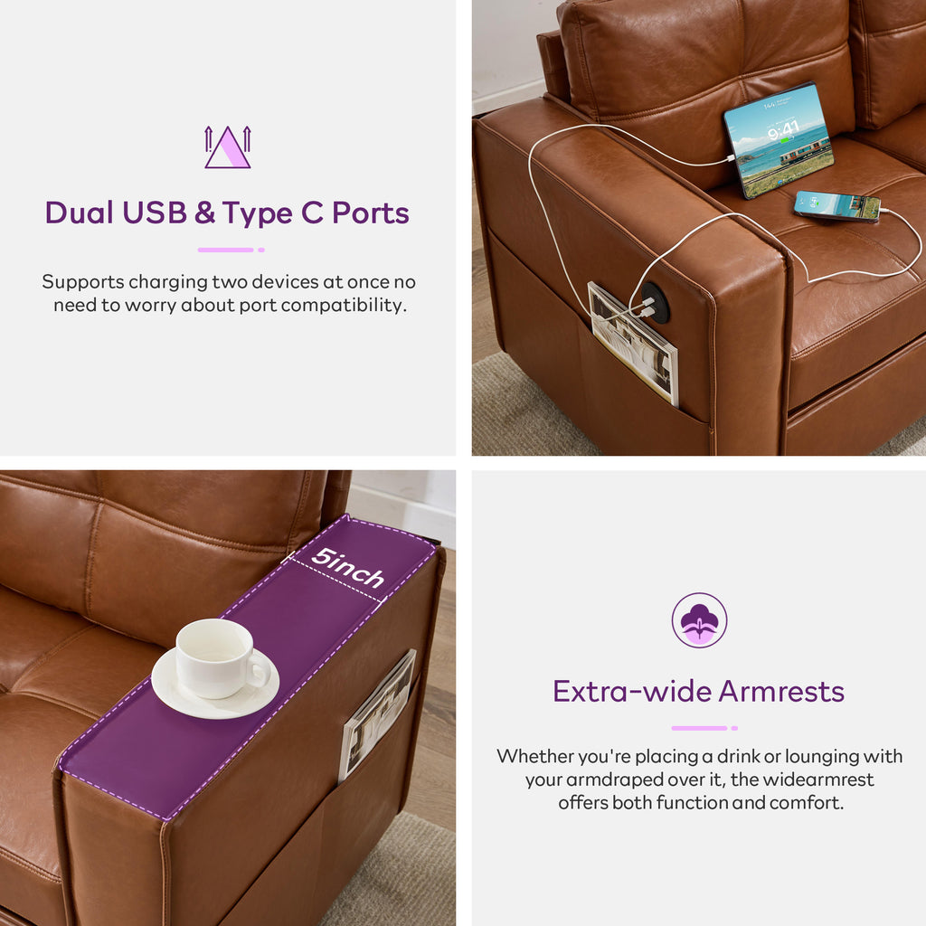 TYBOATLE 88" W Faux Leather Couch w/Side Pockets, Mid-Century Modern Tufted Comfy Leather Couches w/USB and Wider Arms, 3 Seater Sofa for Office, Apartment, Bedroom, Brown (Brown, 3 Seater)