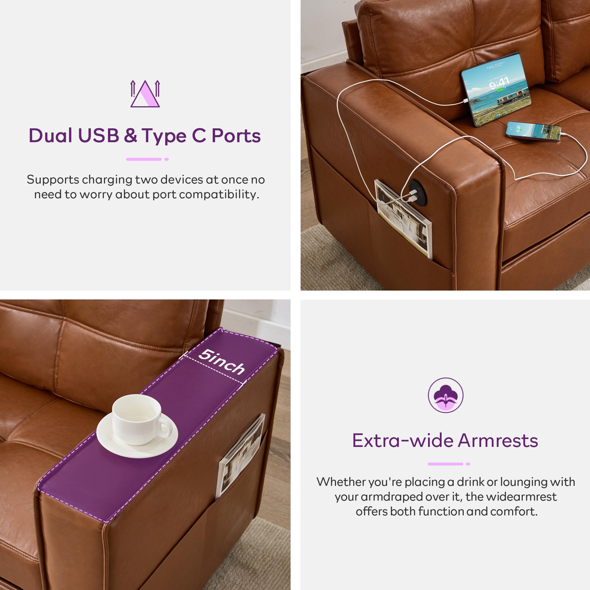 TYBOATLE 88" W Faux Leather Couch w/Side Pockets, Mid-Century Modern Tufted Comfy Leather Couches w/USB and Wider Arms, 3 Seater Sofa for Office, Apartment, Bedroom, Brown (Brown, 3 Seater)