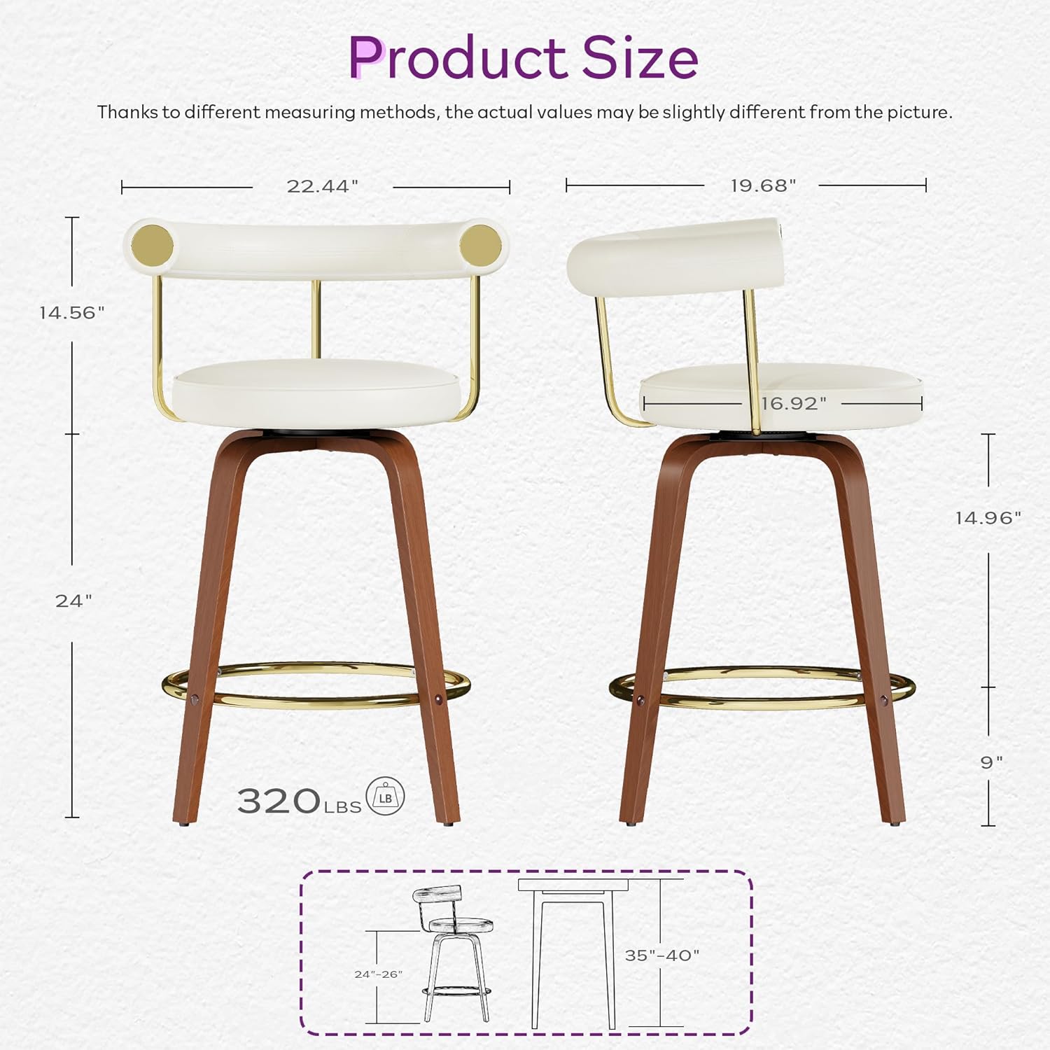 TYBOATLE Swivel Bar Stools Set of 4, Counter Height Bar Stools with Bent Wood Legs and Back, Mid-Century Modern Faux Leather Bar Chairs Island Barstools for Kitchen (4, White)