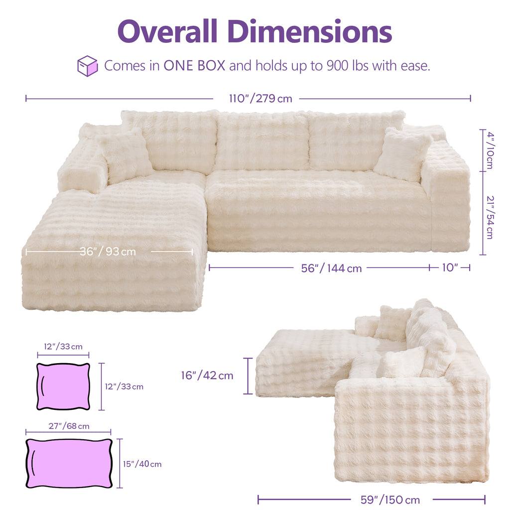 TYBOATLE 110’’ Boneless Slow-Rebound Memory Foam Couch, Cloud Sectional Couches for Living Room w/Upgraded Fabric, Deep Seat Comfy Fluffy L Shaped Modular Sectional Sofa (Beige, Left Facing Chaise)