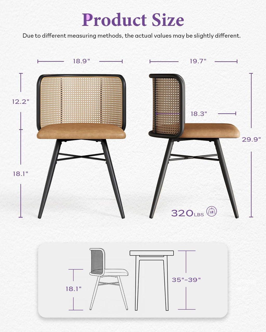 Farmhouse Boho Dining Room Chair with Natural Cane Woven Back and Faux Leather Seat, Mid-Century Modern Kithchen Chairs for Dining Table (4, Brown)