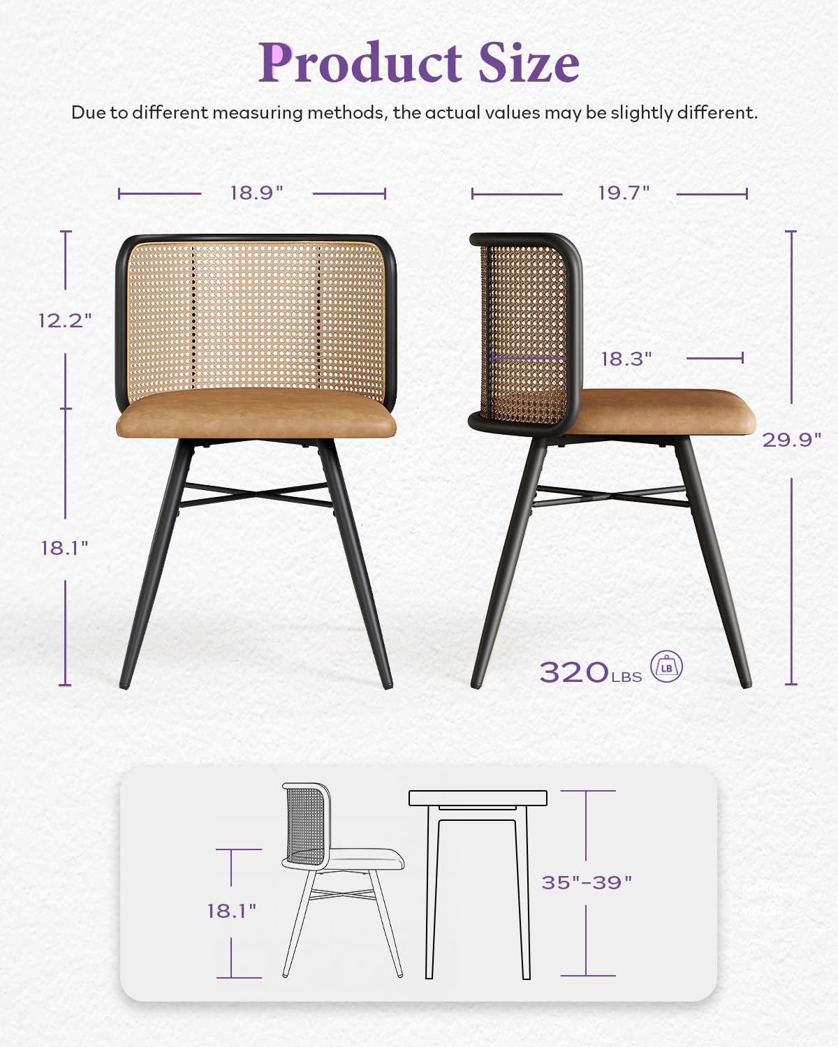 Farmhouse Boho Dining Room Chair with Natural Cane Woven Back and Faux Leather Seat, Mid-Century Modern Kithchen Chairs for Dining Table (4, Brown)