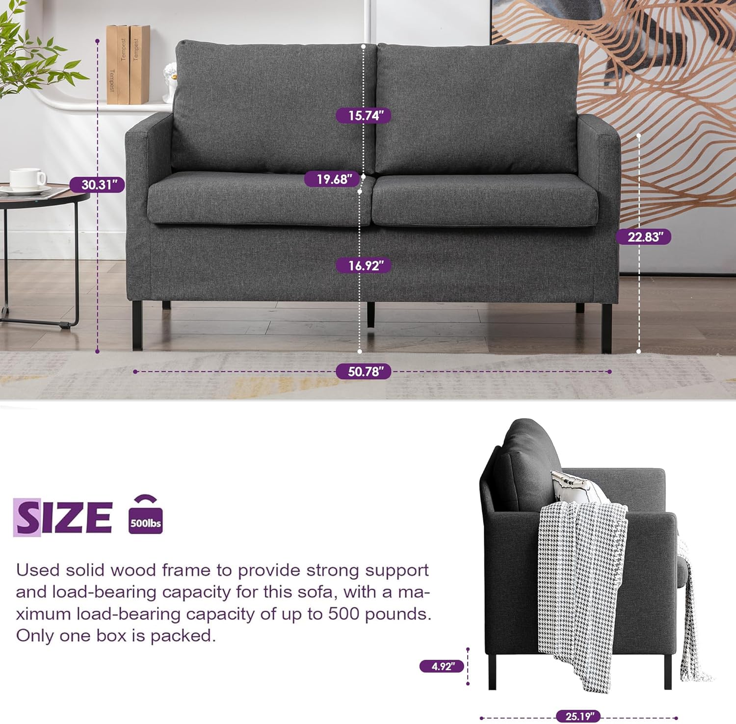 TYBOATLE Modern Linen Fabric Small Couches for Small Spaces, Comfy Upholstered Love Seat for Bedroom, 2 Seater Mini Couch for Apartment, Dorm, Office, Dark Grey