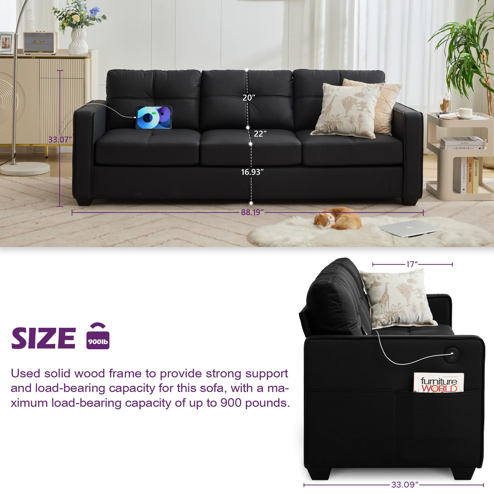 TYBOATLE Black Faux Leather Sofa Sectional Couches for Living Room, 3 Piece Living Room Set Furniture, Comfy Modular Convertible Sofas, Home Office Sofa Set