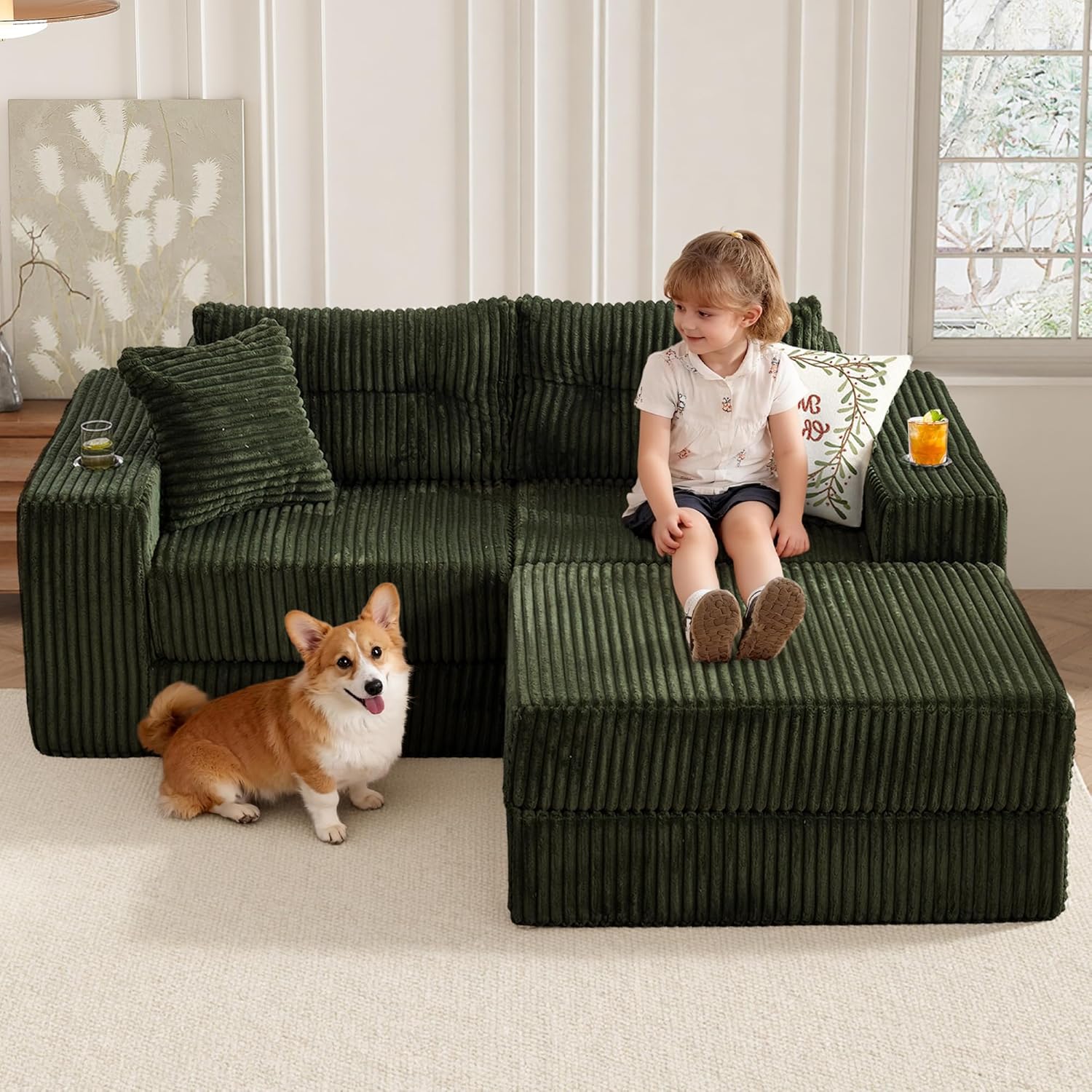 TYBOATLE Modular Cloud Sofa Loveseat with Ottoman, Corduroy Boneless Sectional Foam Couch with Deep Seats, Modern Convertible Sleeper Sofa Bed for Living Room, No Assembly (Forest Green, 2 Seat)