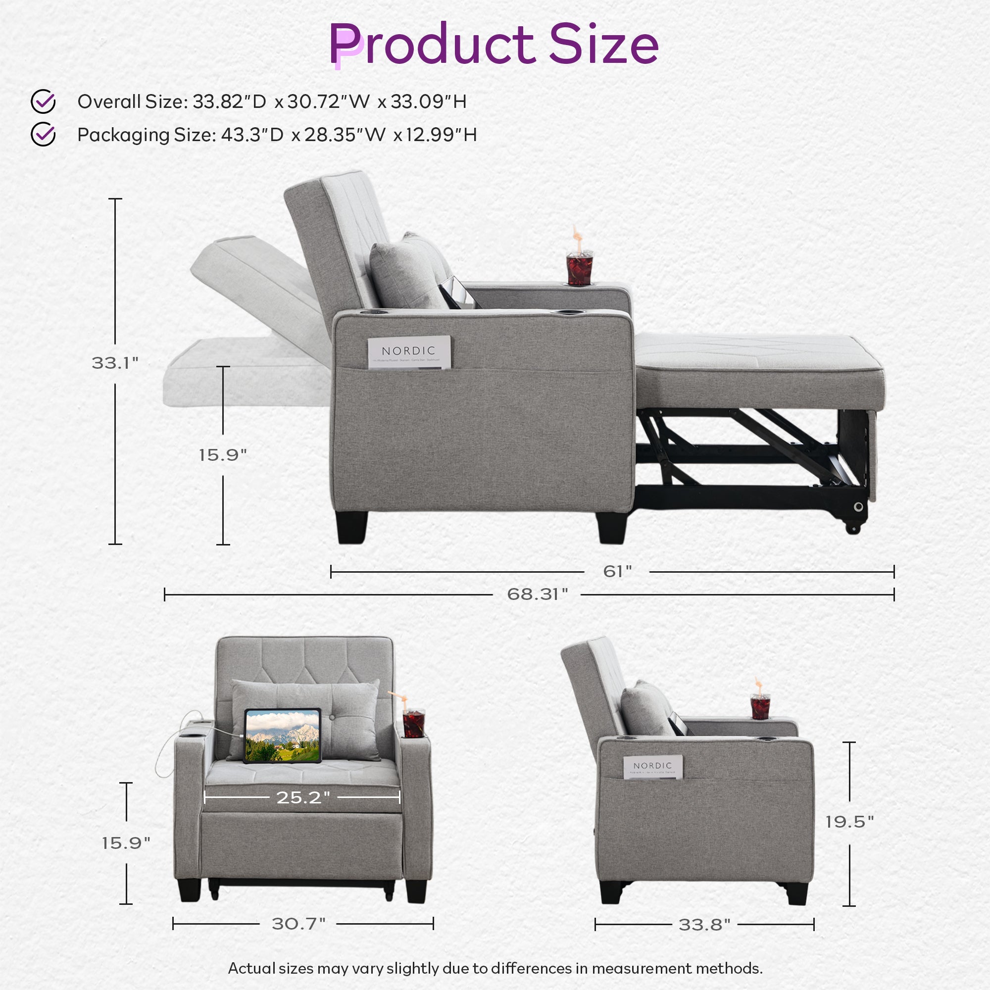 TYBOATLE Convertible Sleeper Chair Bed for Adults, 3-in-1 Pull Out Sofa Chair Bed with USB/Type-C Ports, Cup Holders, Side Pockets, Single Futon Sofa for Living Room, Bedroom, Small Space (Grey)