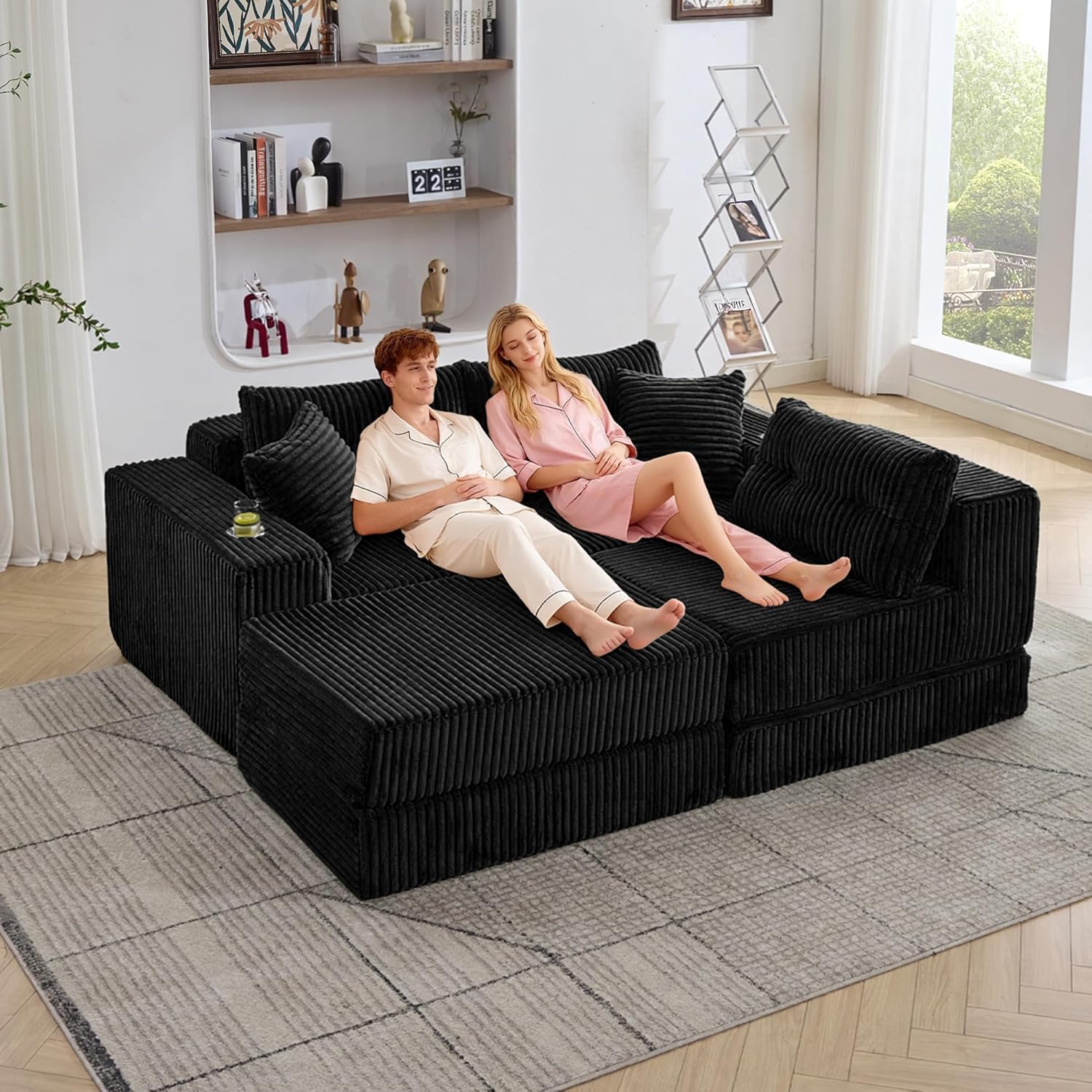TYBOATLE Modular Sectional Couch, Corduroy Cloud Boneless Foam Sofa Couch with Deep Seats & Cup Holder, Modern Comfy Sleeper Sofa with L-Shape Chaise, No Assembly (Black, 3 Seat)